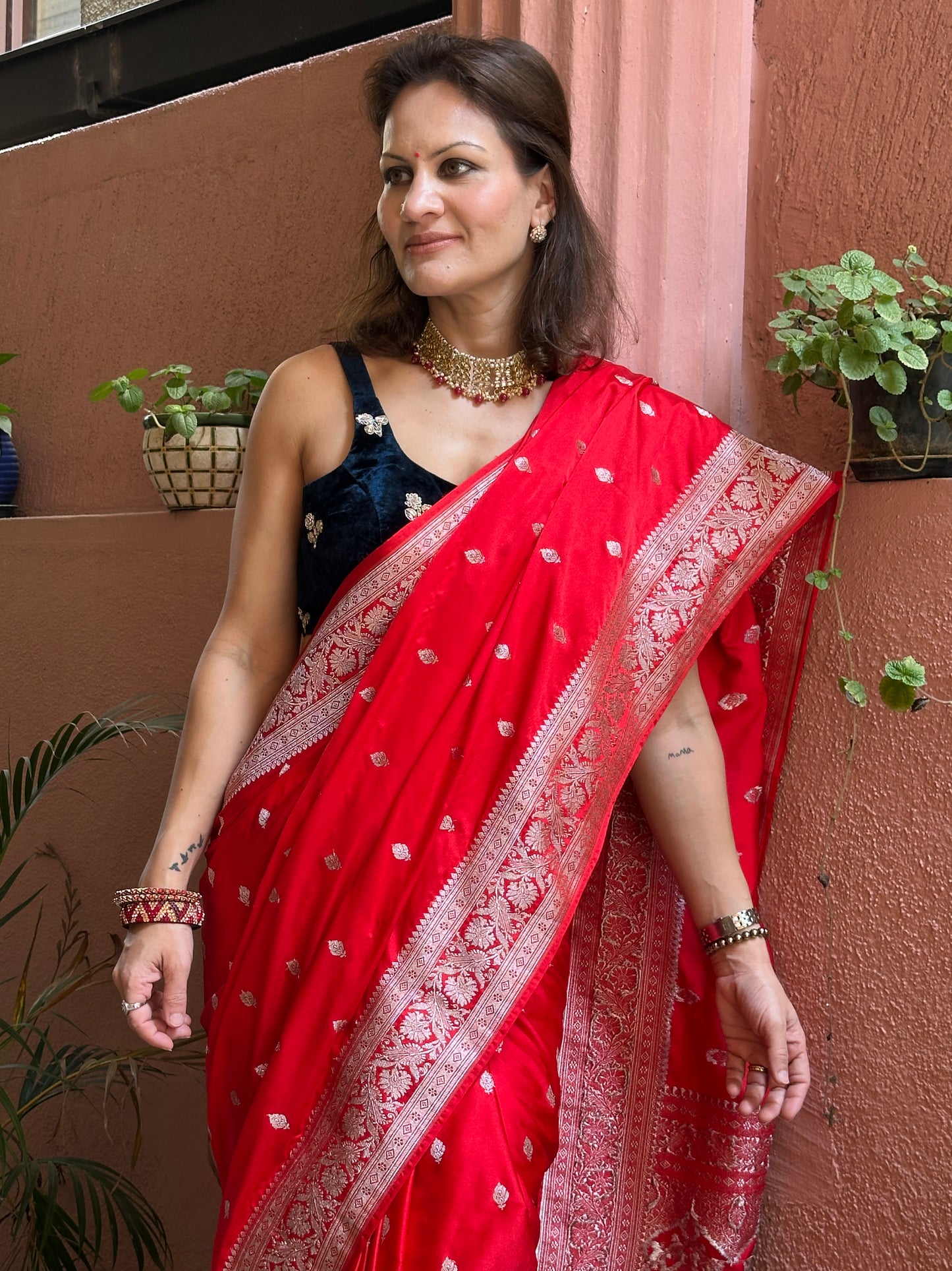 Red Mashru Silk Banarasi Saree with Silver & Gold Zari Work