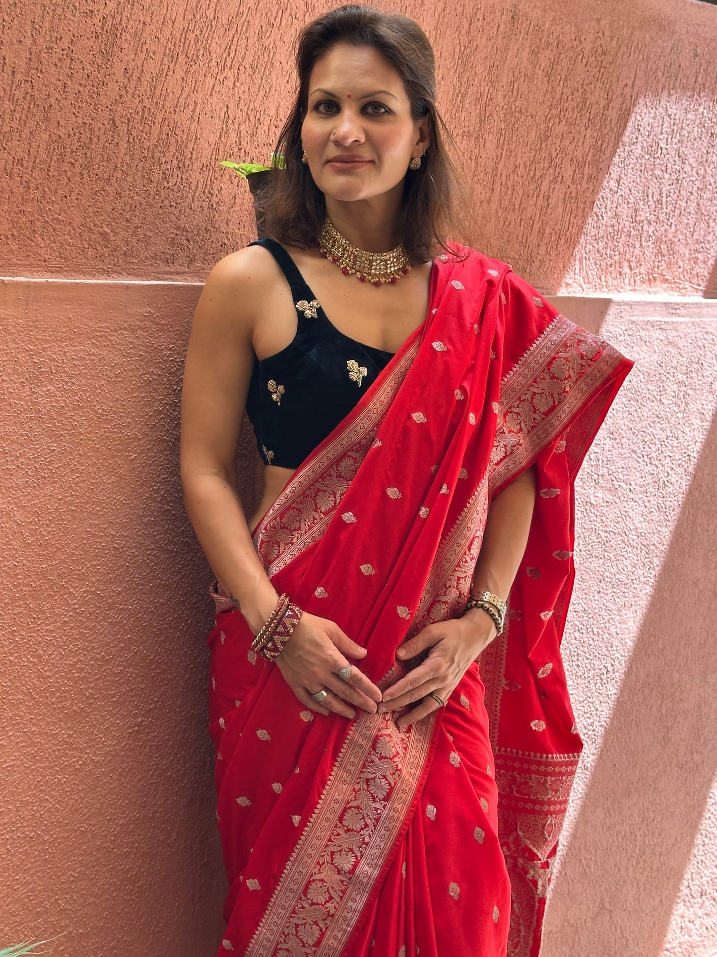 Red Mashru Silk Banarasi Saree with Silver & Gold Zari Work