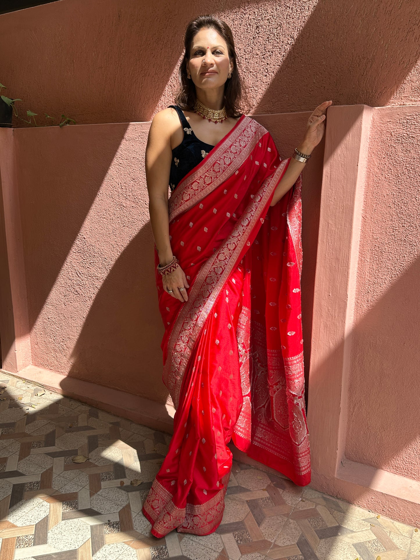 Red Mashru Silk Banarasi Saree with Silver & Gold Zari Work