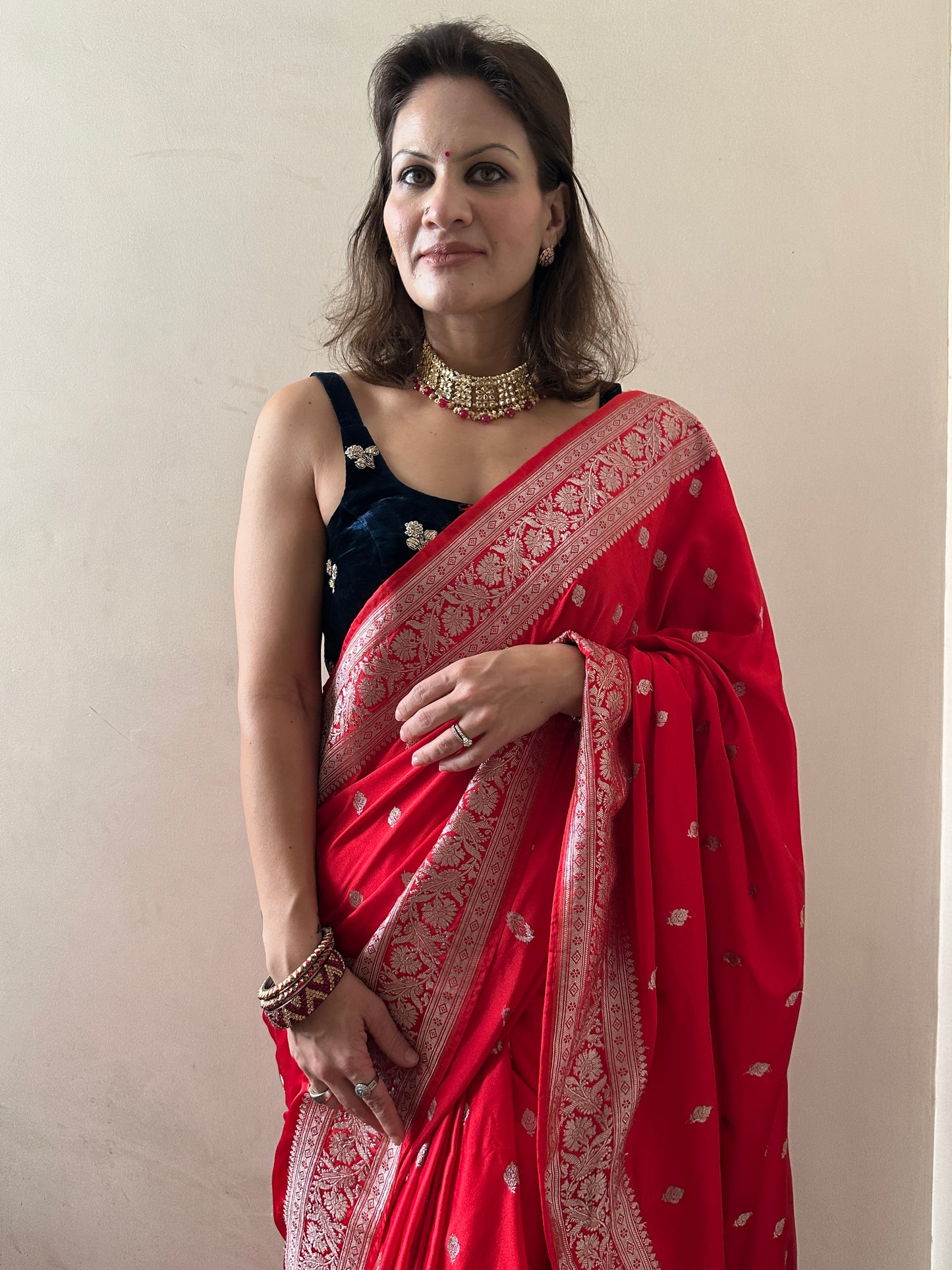 Red Mashru Silk Banarasi Saree with Silver & Gold Zari Work
