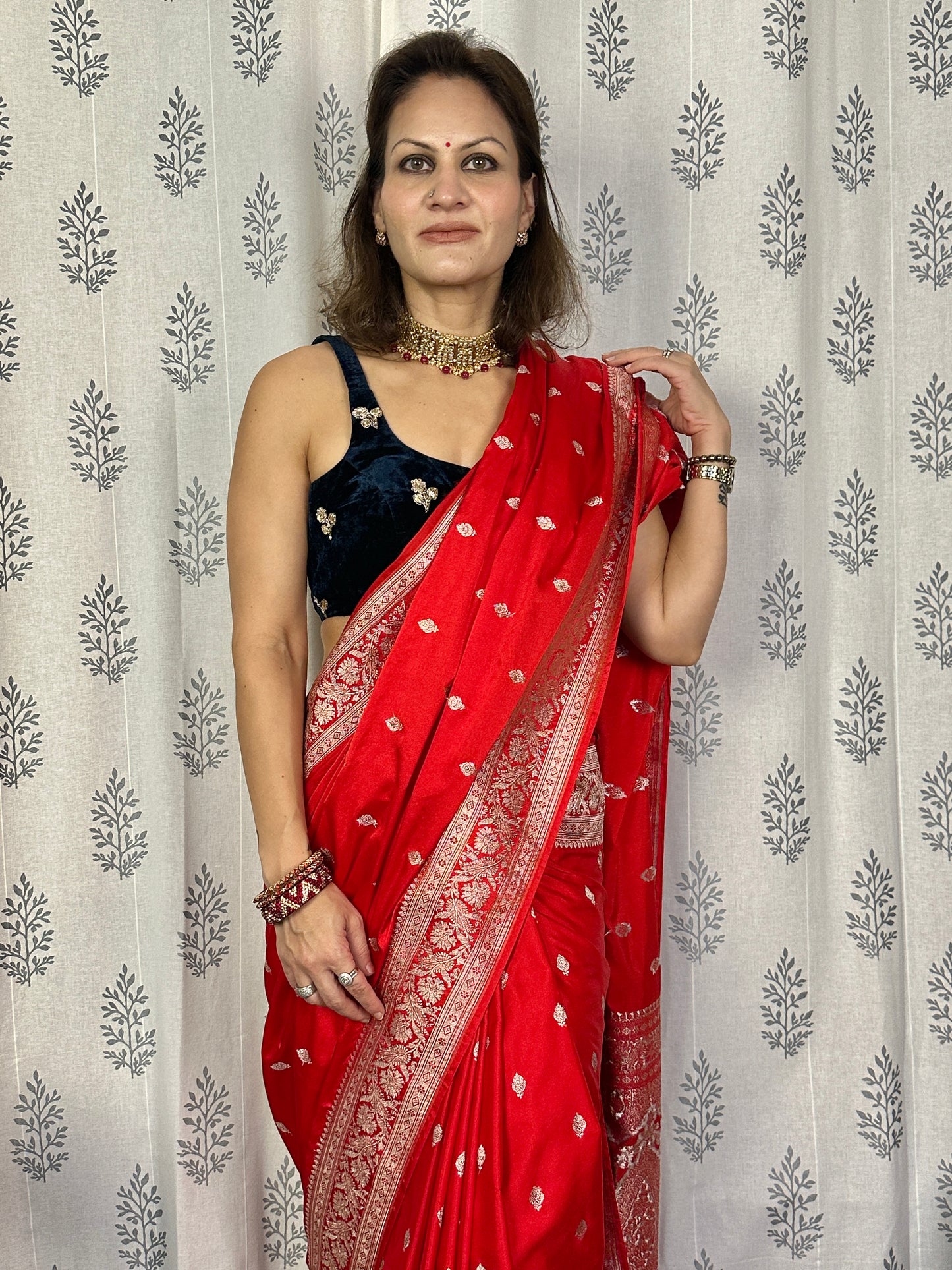 Red Mashru Silk Banarasi Saree with Silver & Gold Zari Work