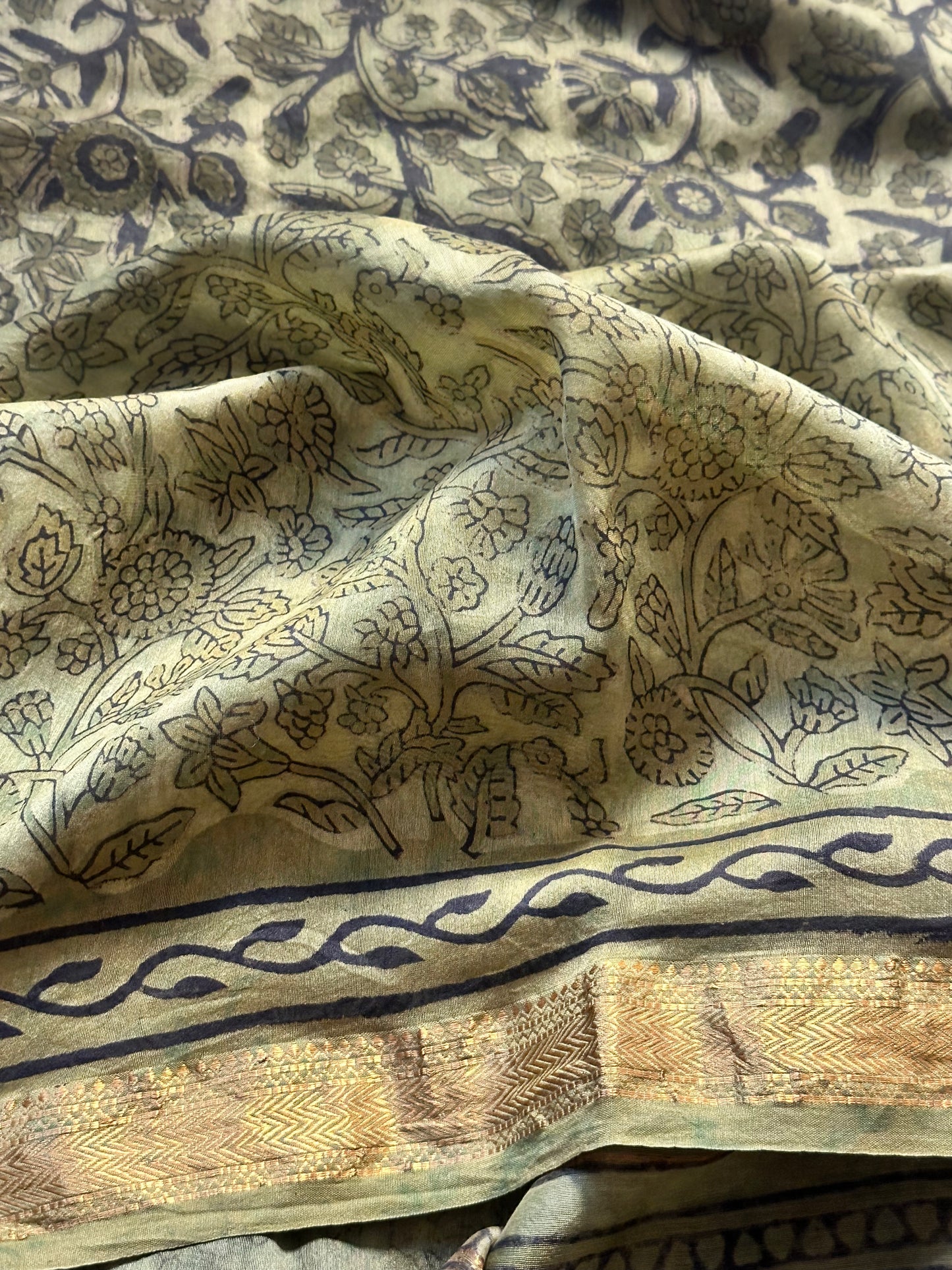Green Natural Vanaspati Block Print Maheshwari Sari with Zari Border