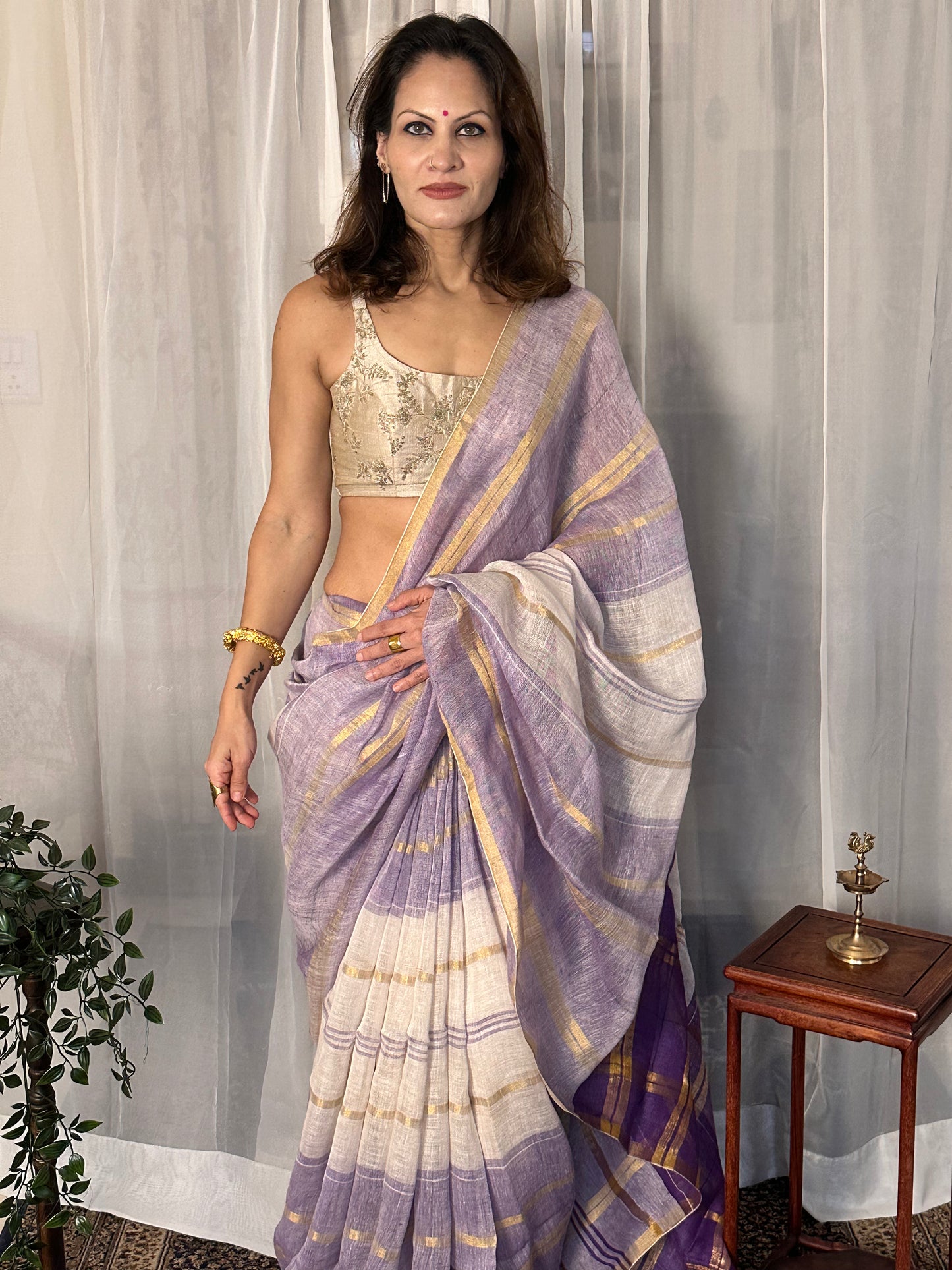 Purple, White, & Gold Handloom Pure Linen Checks Sari