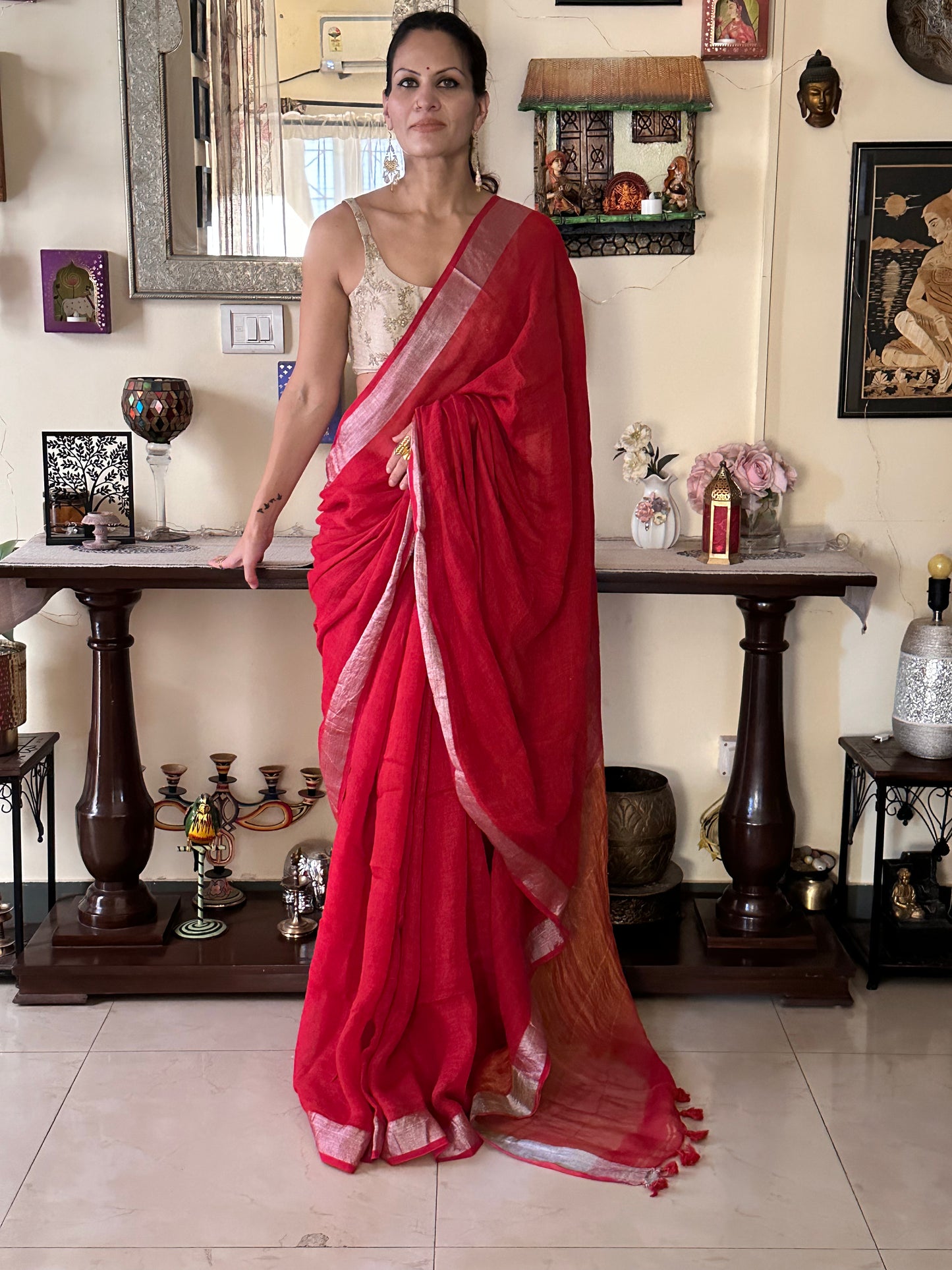 Red Pure Linen Sari with Silver and Gold Border and Gold Zari Pallu