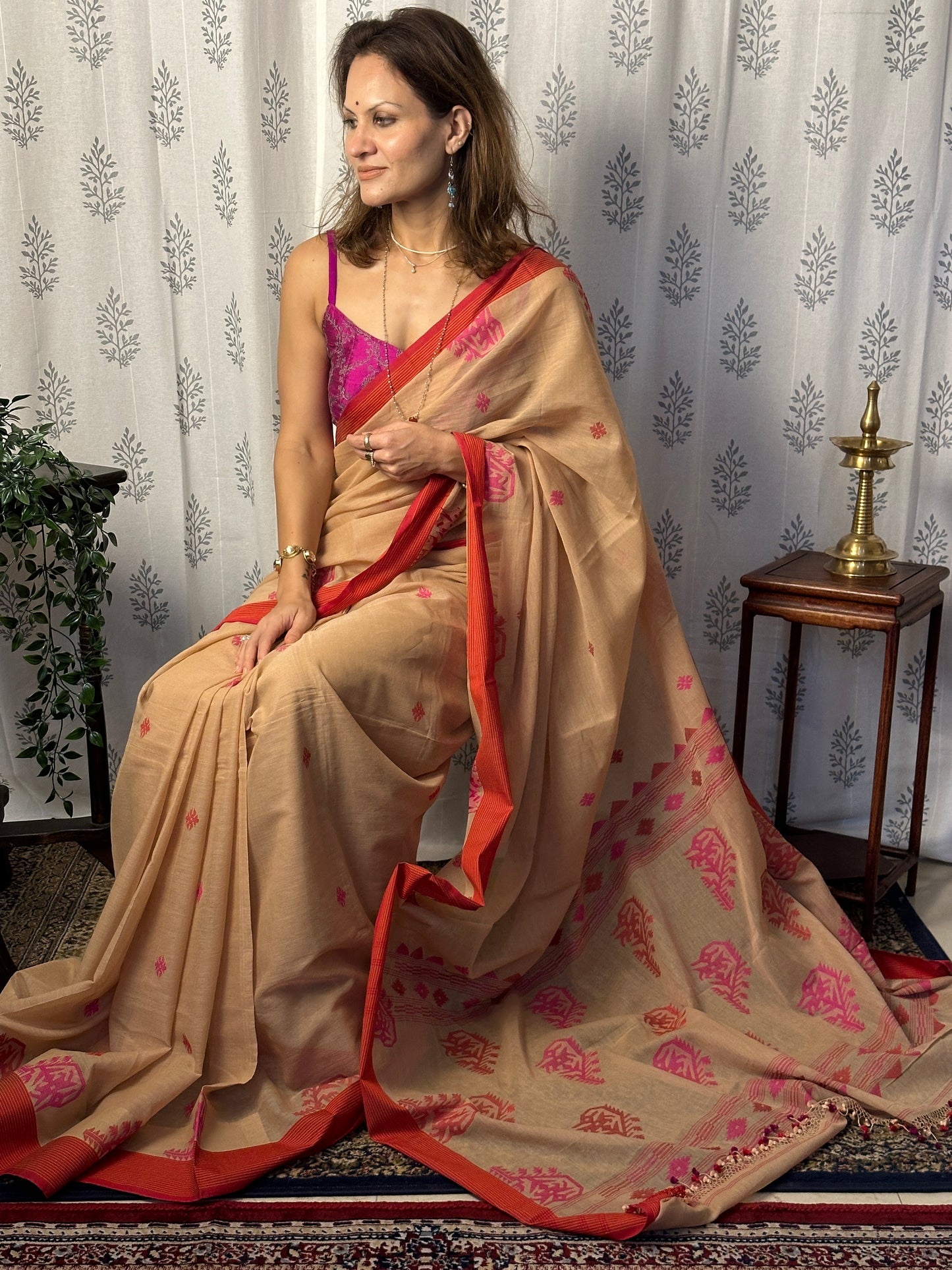 Cream Hand Spun Pure Fine Cotton Jamdani Sari with Red Border