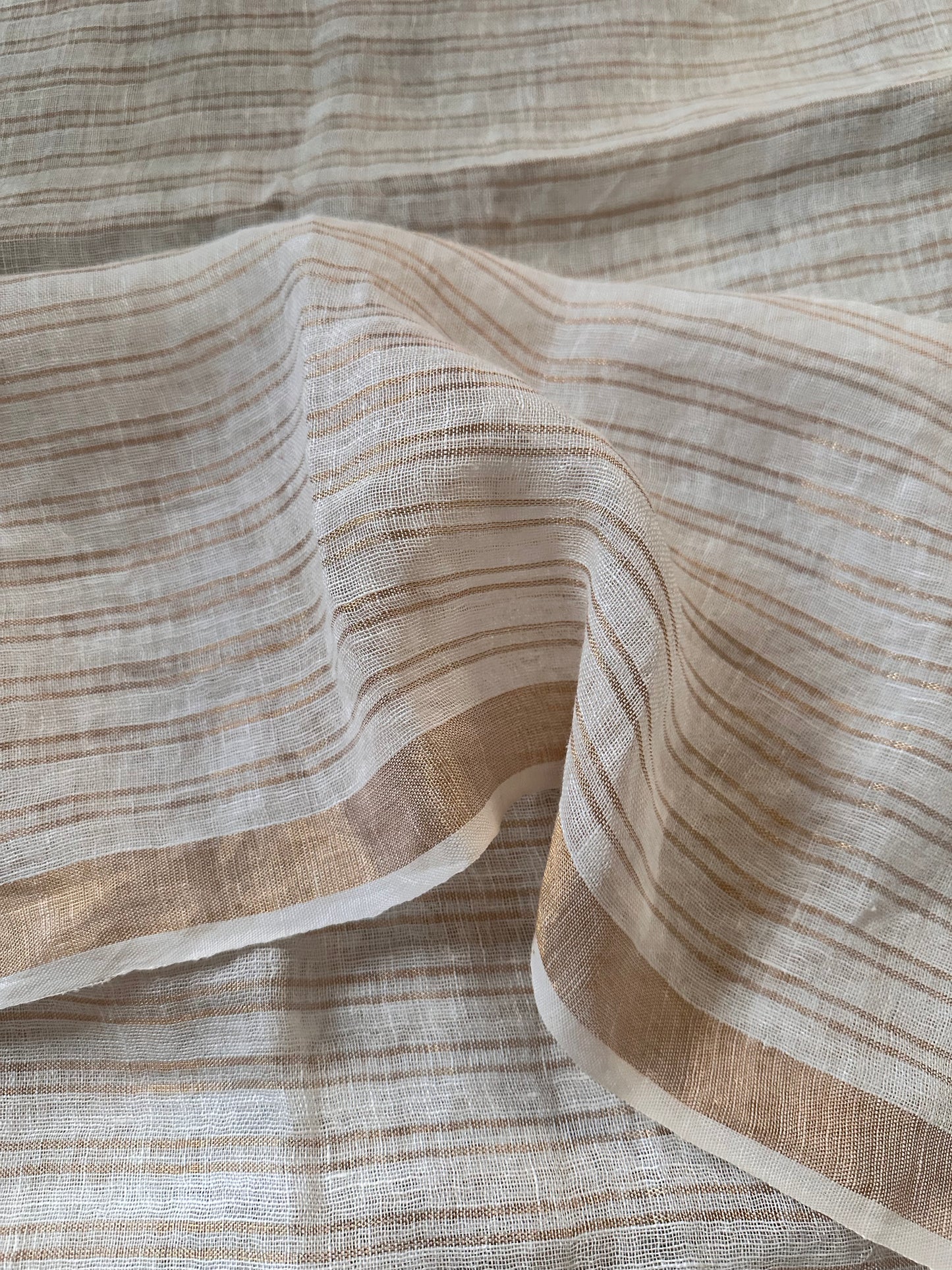 Cream & Gold Pure Linen Sari with Gold Zari Stripes and Zari Pallu