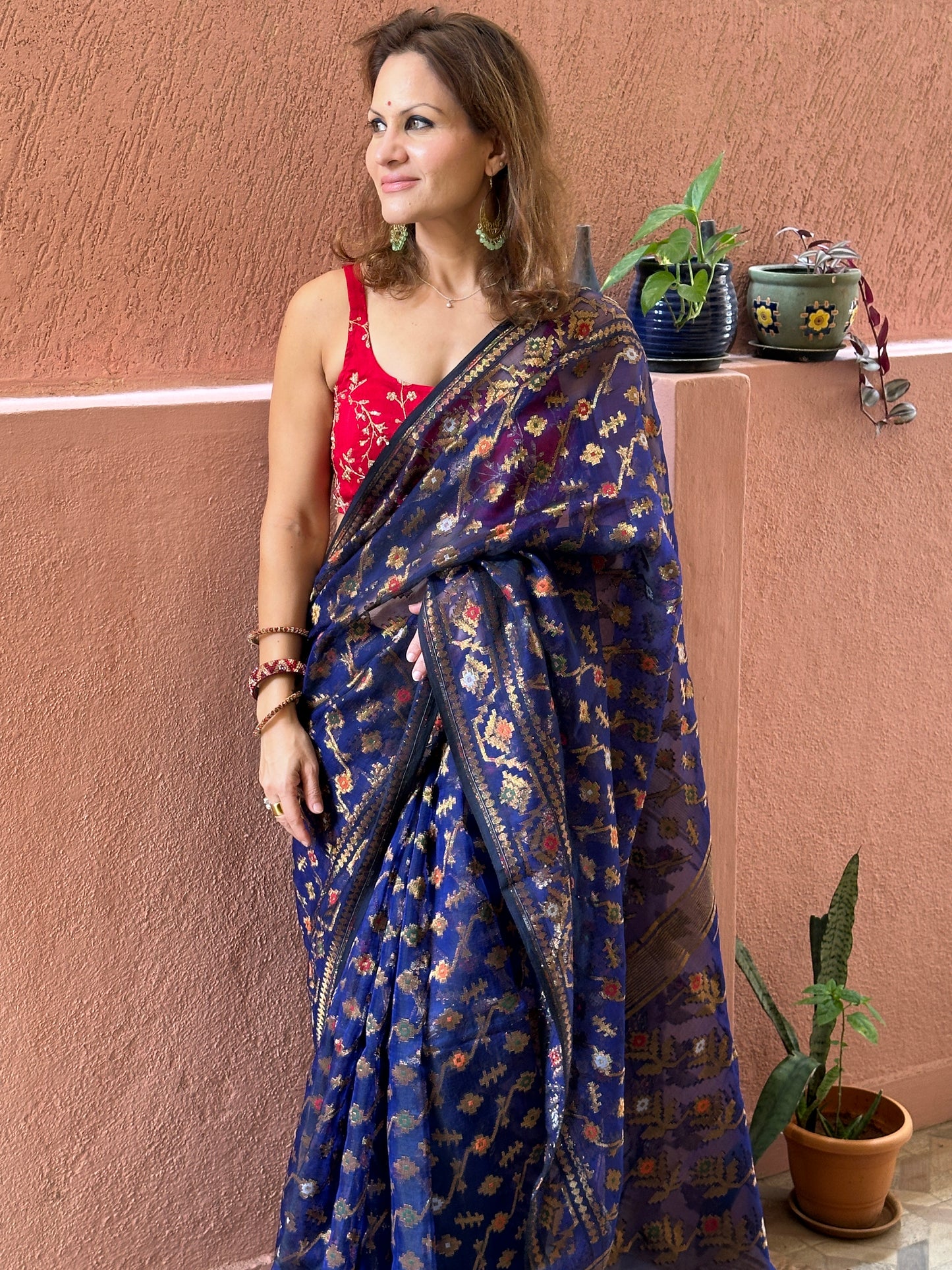 Blue Pure Muslin Silk Handloom Jamdani Saree