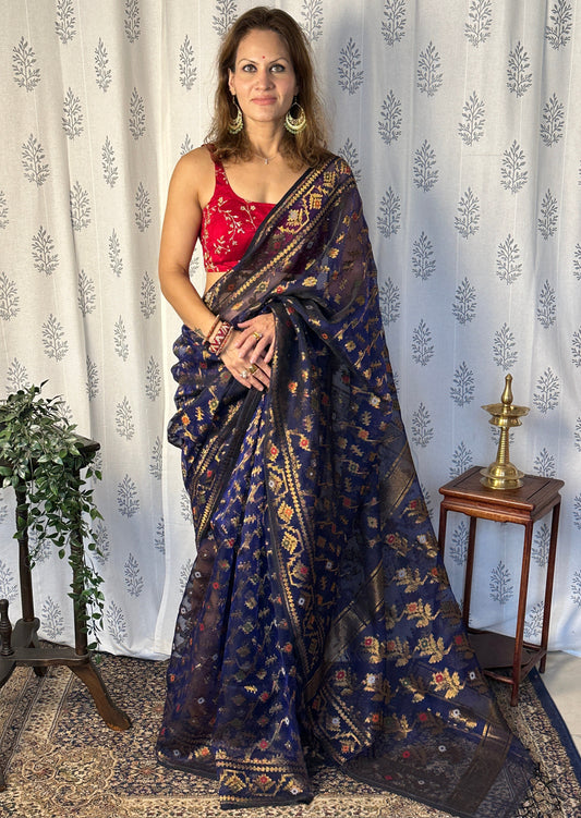 Blue Pure Muslin Silk Handloom Jamdani Saree