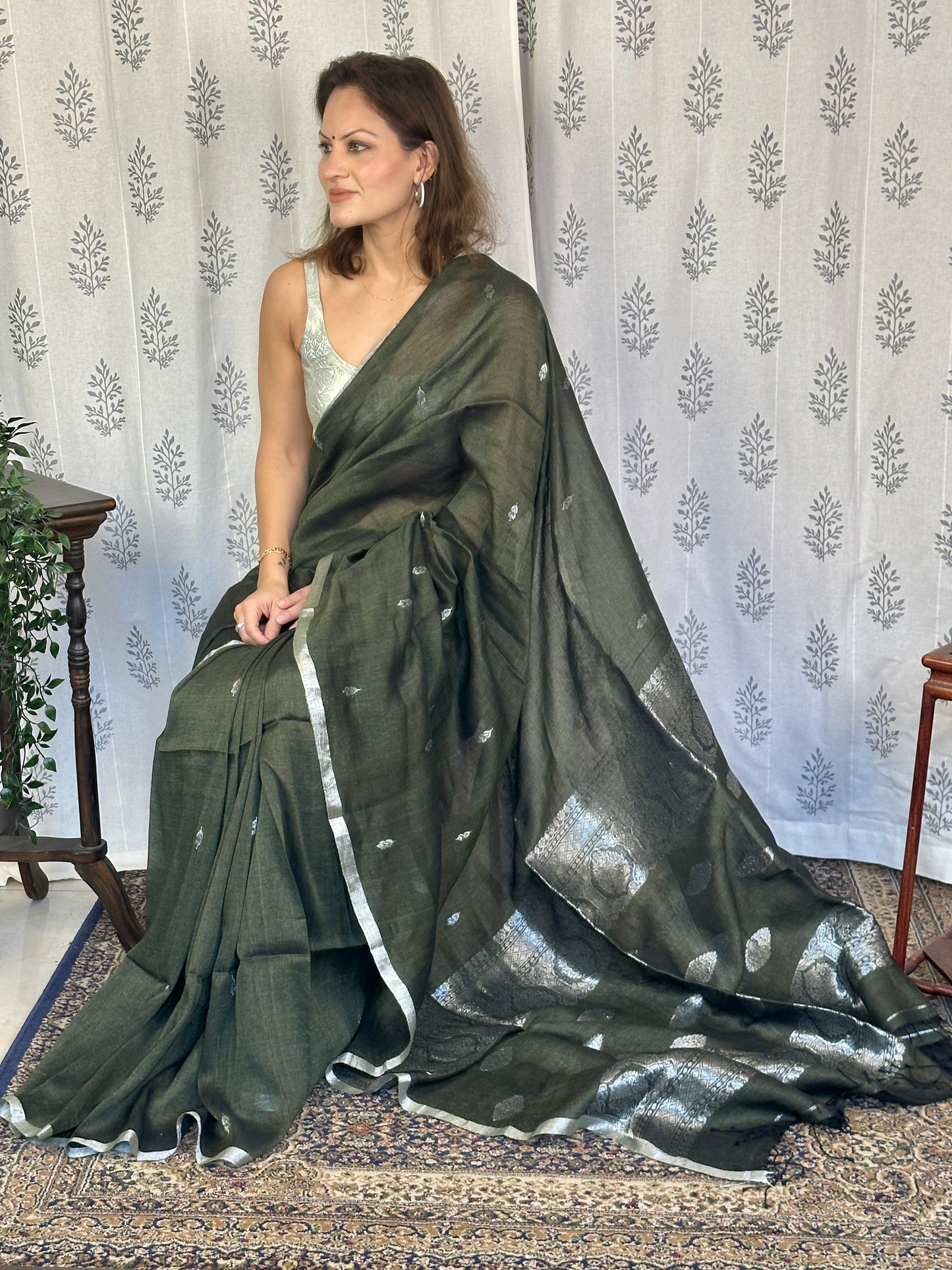 Green Pure Linen Sari with Banarasi Silver Zari Work