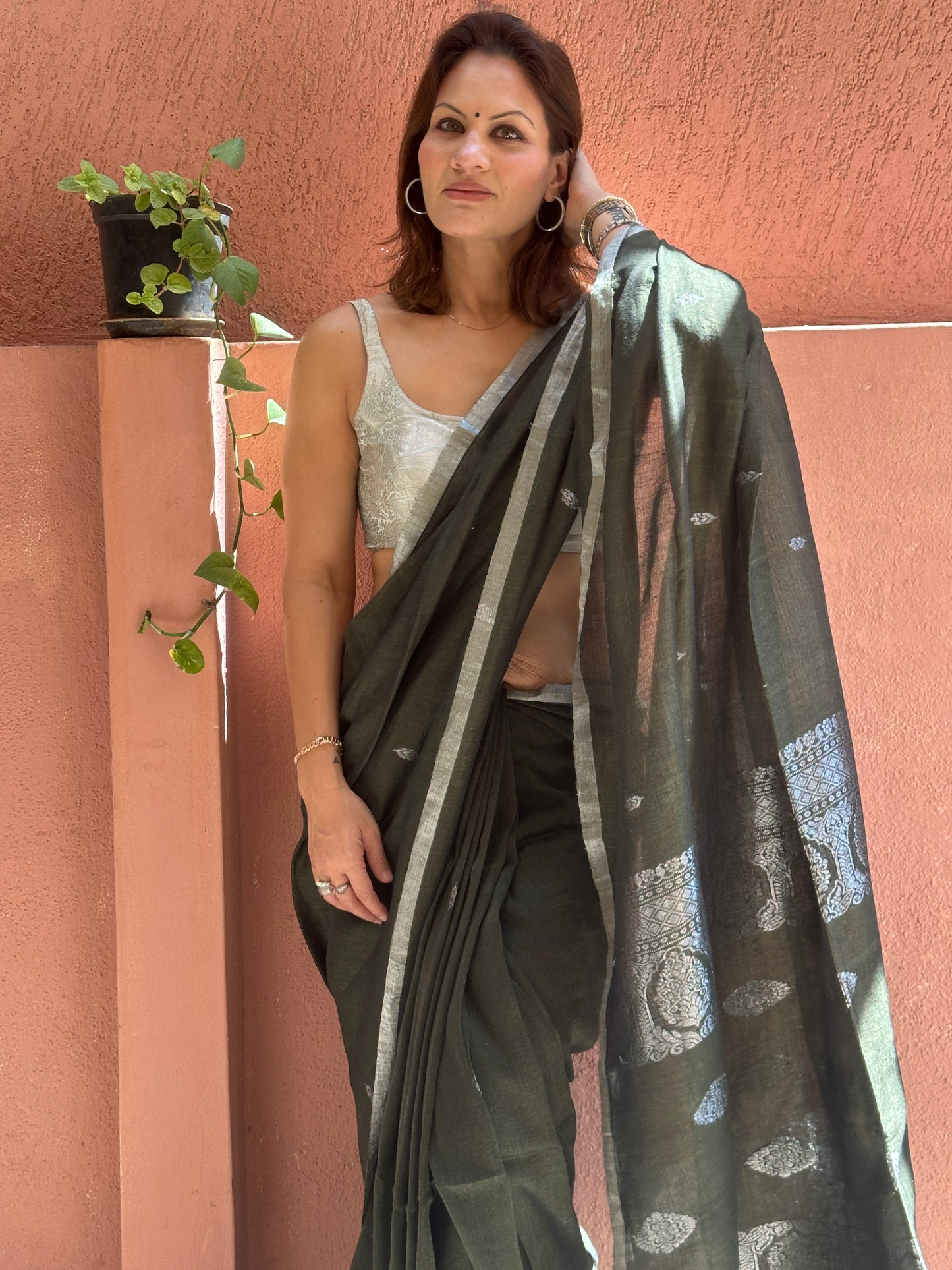 Green Pure Linen Sari with Banarasi Silver Zari Work