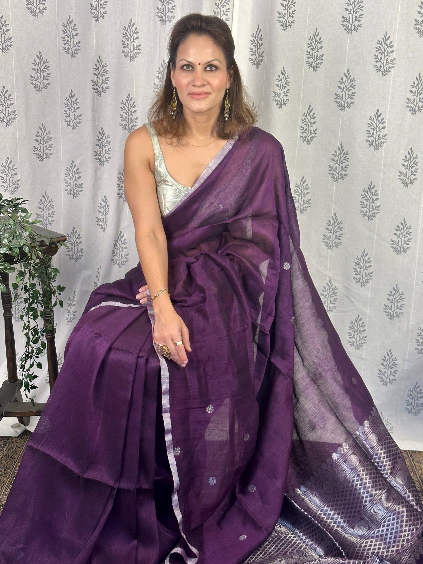 Purple Pure Linen Sari with Banarasi Silver Zari Work