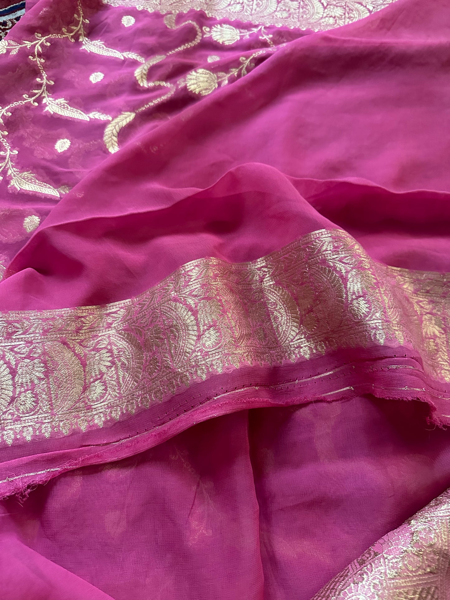 Pink Pure Viscose Georgette Banarasi Sari with Gold Banarasi Work