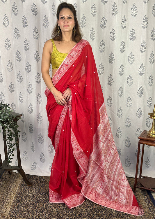 Red Pure Cotton Baluchari Saree with Silver Weaving