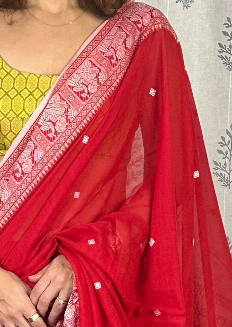 Red Pure Cotton Baluchari Saree with Silver Weaving