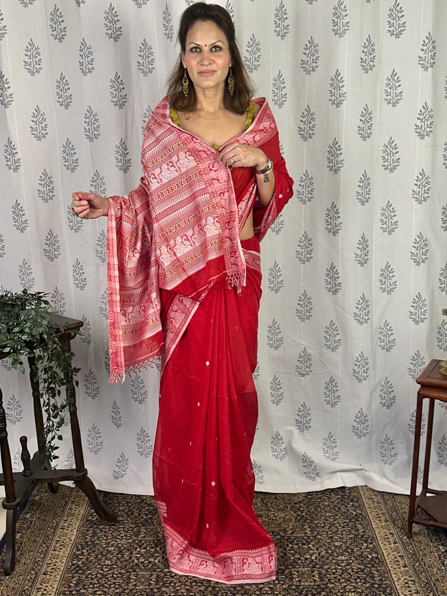 Red Pure Cotton Baluchari Saree with Silver Weaving