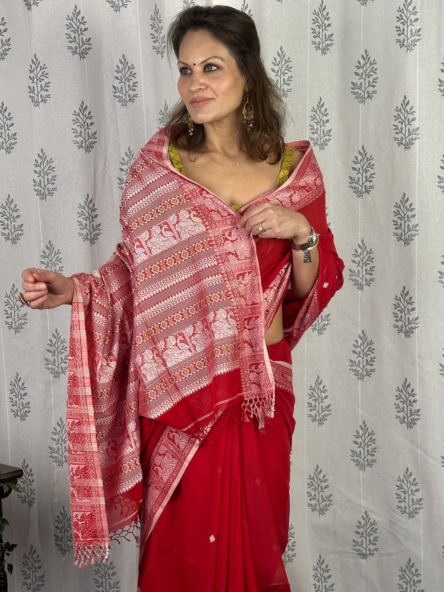 Red Pure Cotton Baluchari Saree with Silver Weaving