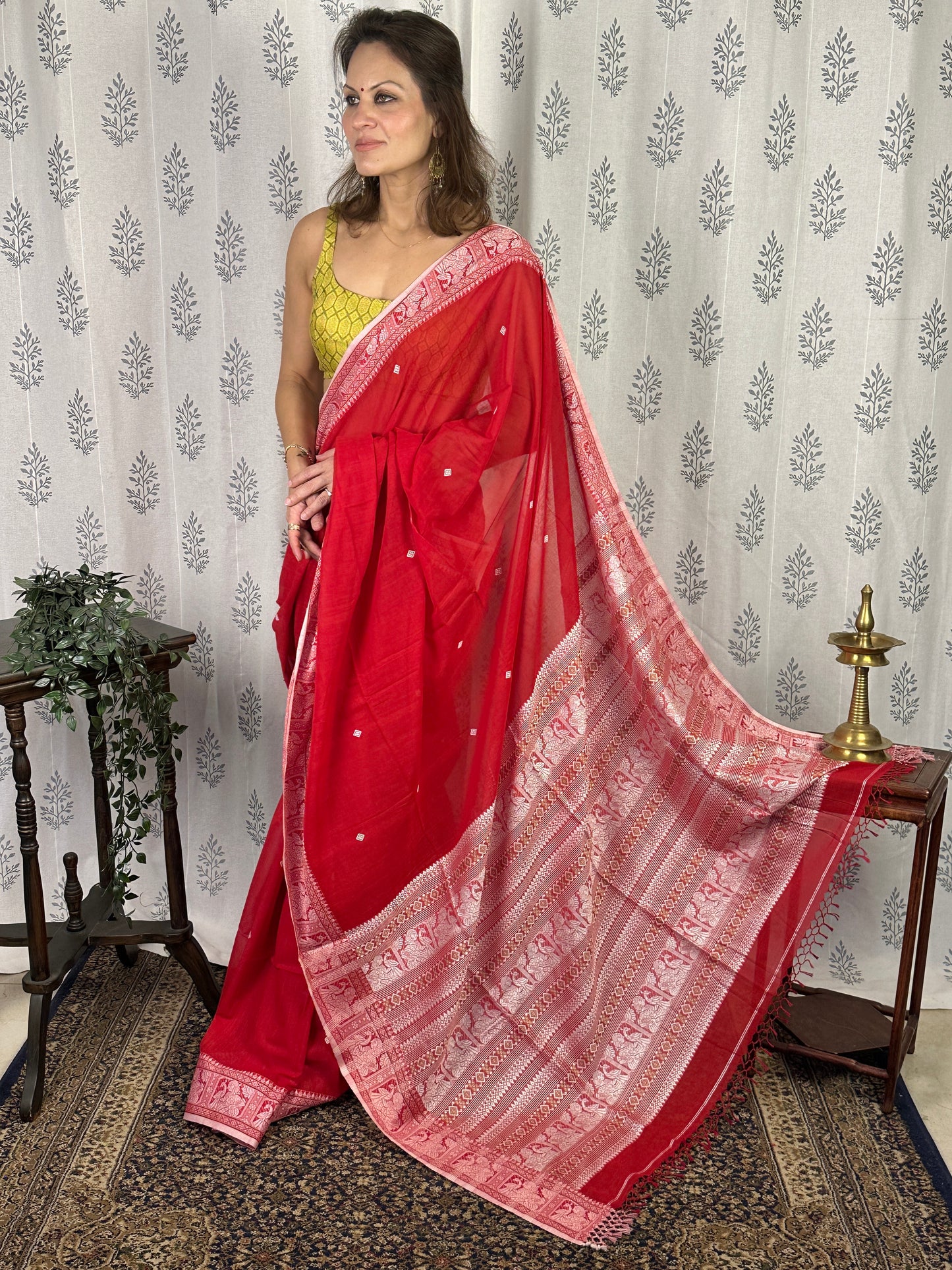 Red Pure Cotton Baluchari Saree with Silver Weaving