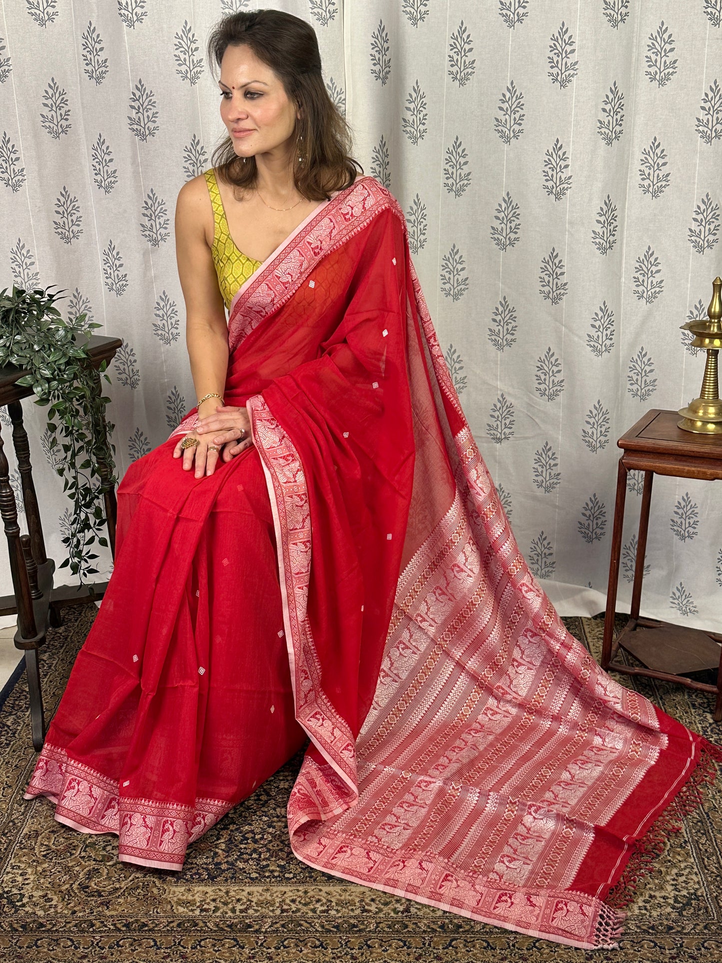 Red Pure Cotton Baluchari Saree with Silver Weaving