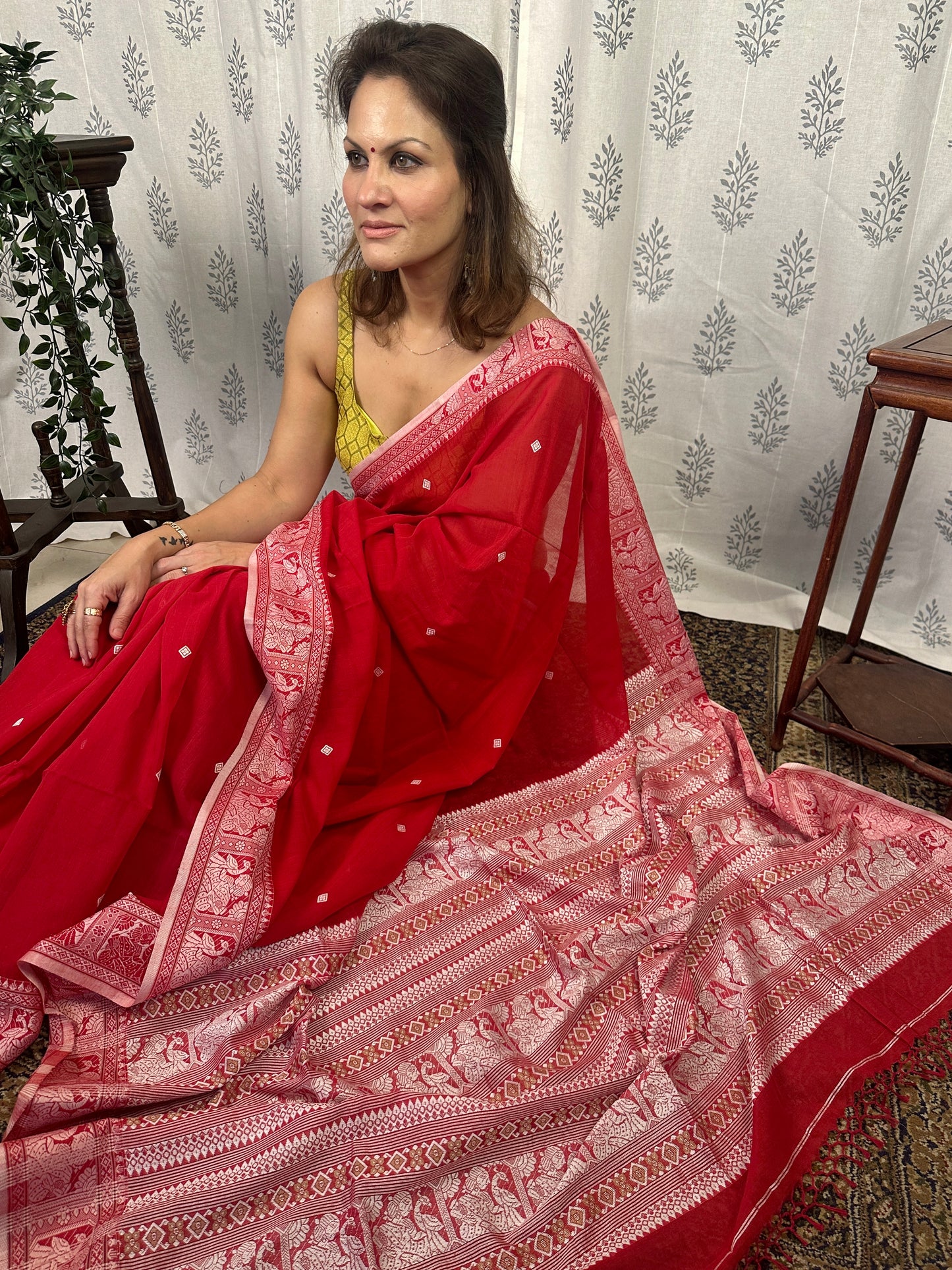 Red Pure Cotton Baluchari Saree with Silver Weaving