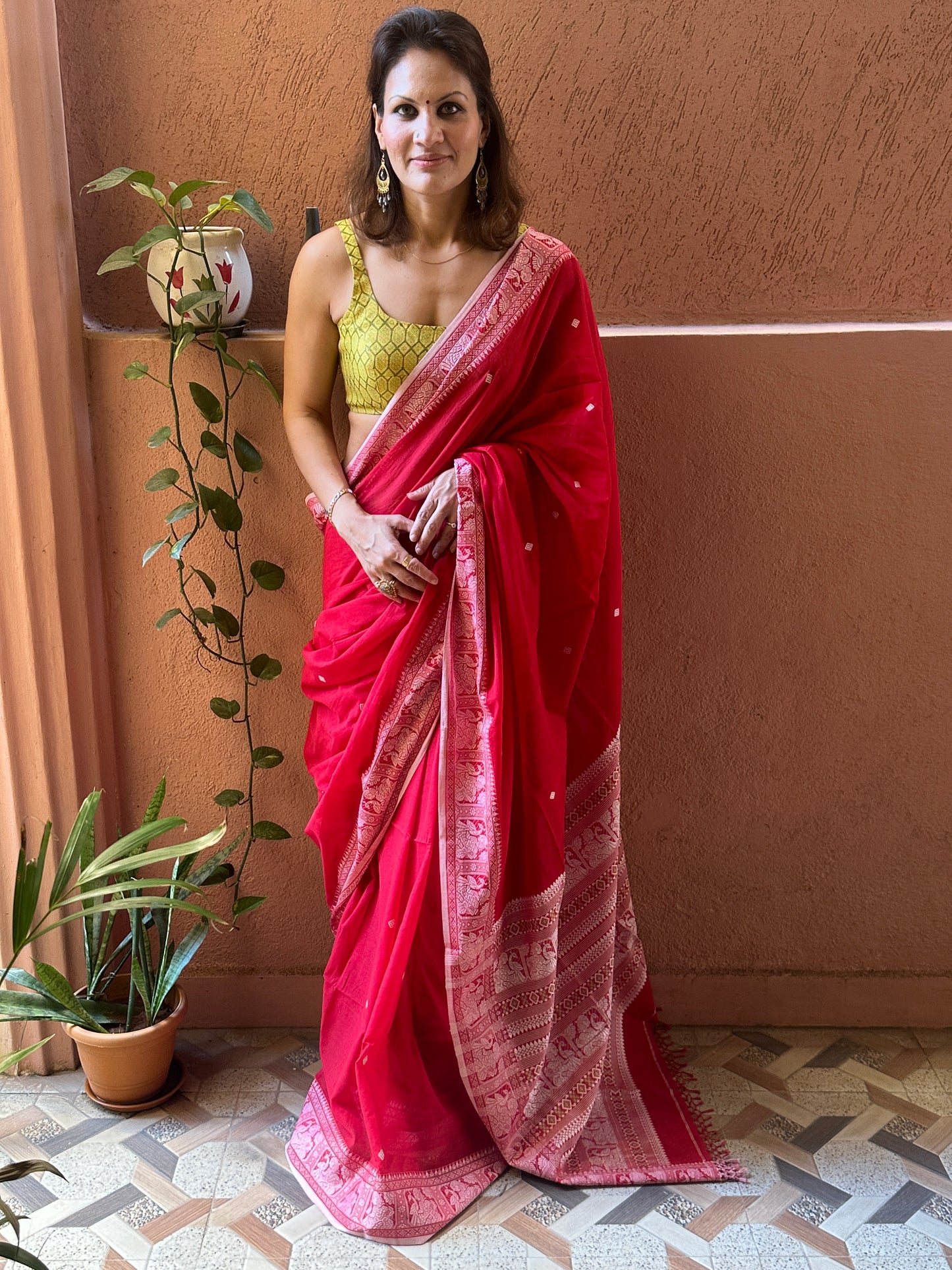Red Pure Cotton Baluchari Saree with Silver Weaving