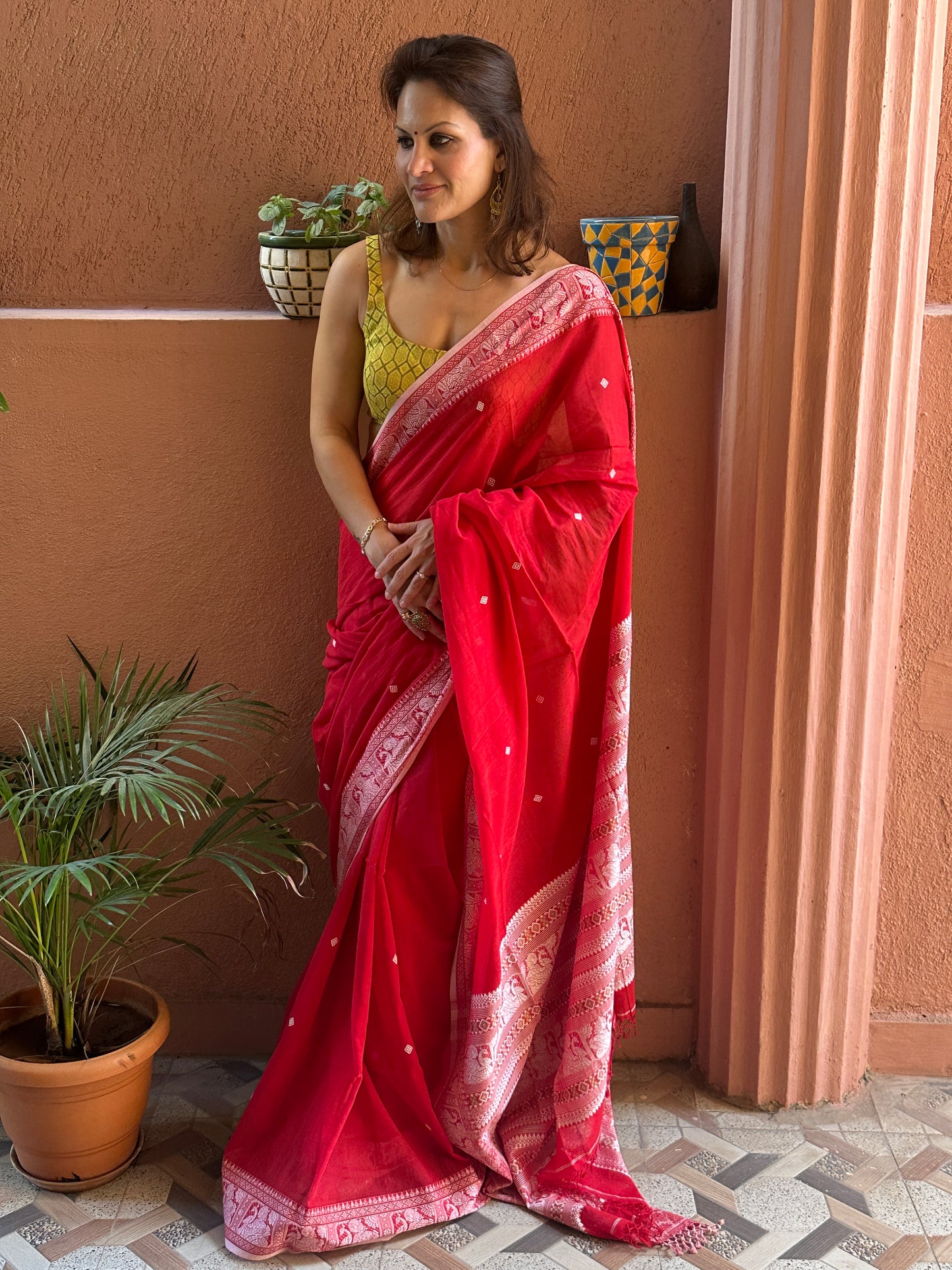 Red Pure Cotton Baluchari Saree with Silver Weaving