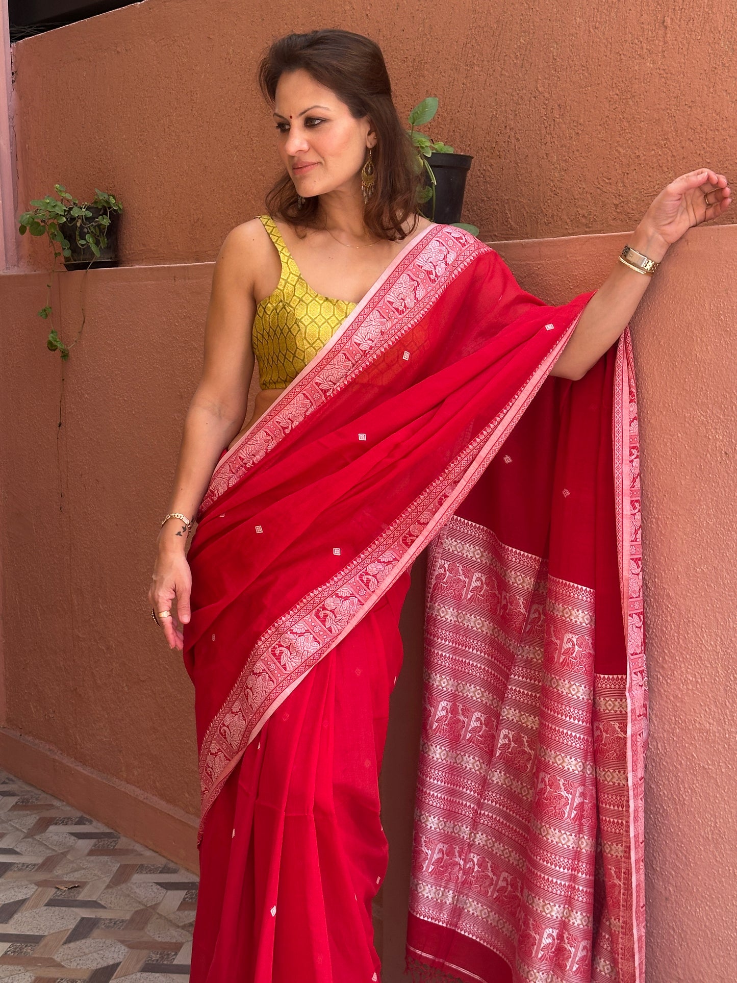 Red Pure Cotton Baluchari Saree with Silver Weaving