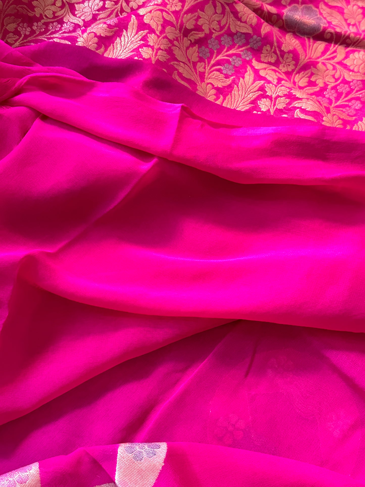 Pink Pure georgette Khaddi Banarasi Sari with Meena Weaving & Full Gold Pure Zari Woven Pallu