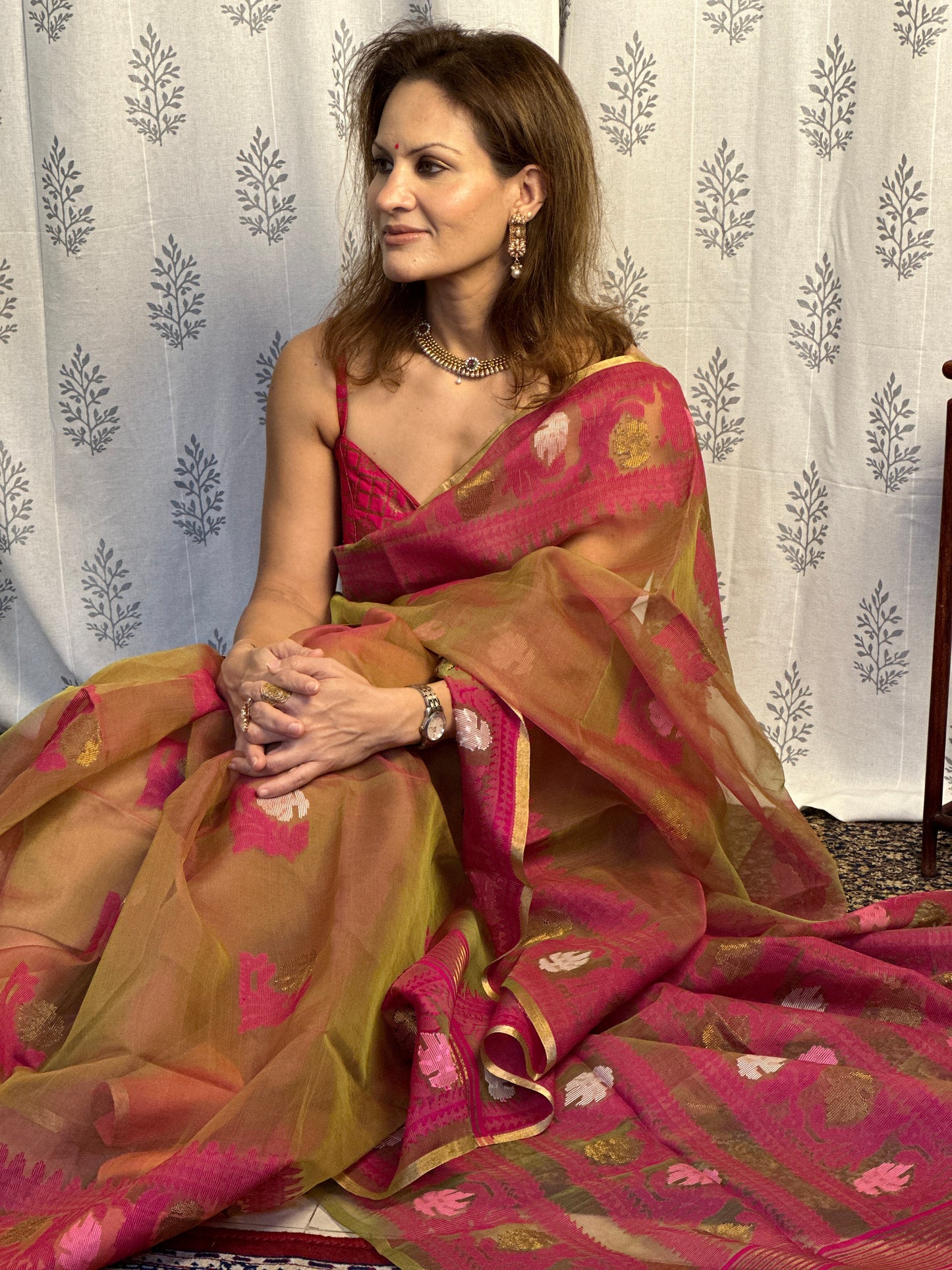 Dual Tone Nude & Orange with Pink Pure Muslin Silk Handloom Jamdani Sari