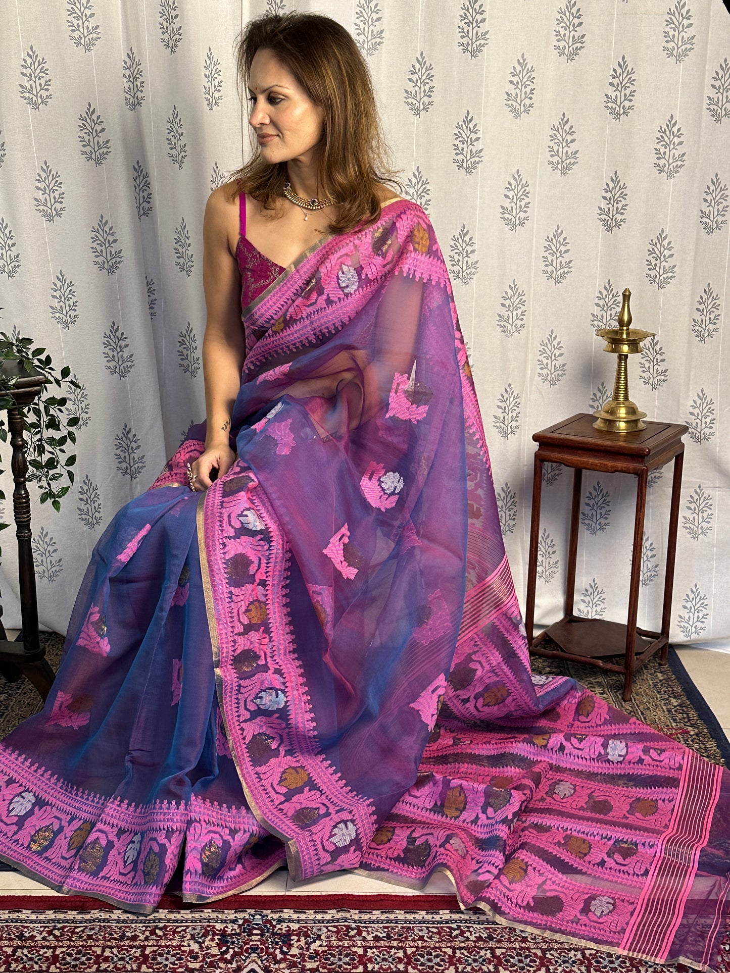 Blue, Purple, & Pink Multi Shade Pure Muslin Silk Handloom Jamdani Saree