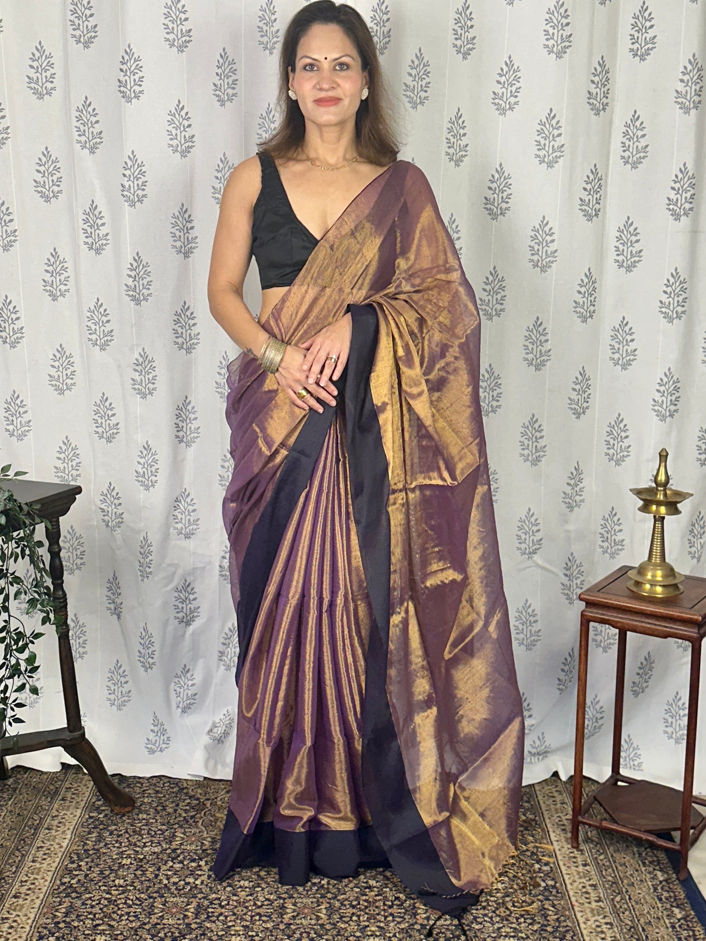 Antique Gold & Purple Blend Pure Mul Mul Handwoven Tissue Cotton Saree with Thick Black Border