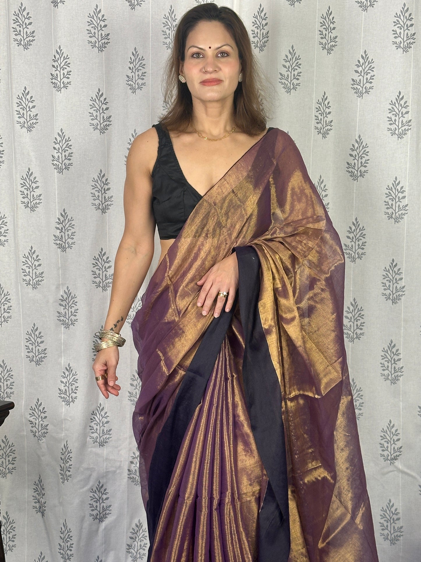 Antique Gold & Purple Blend Pure Mul Mul Handwoven Tissue Cotton Saree with Thick Black Border