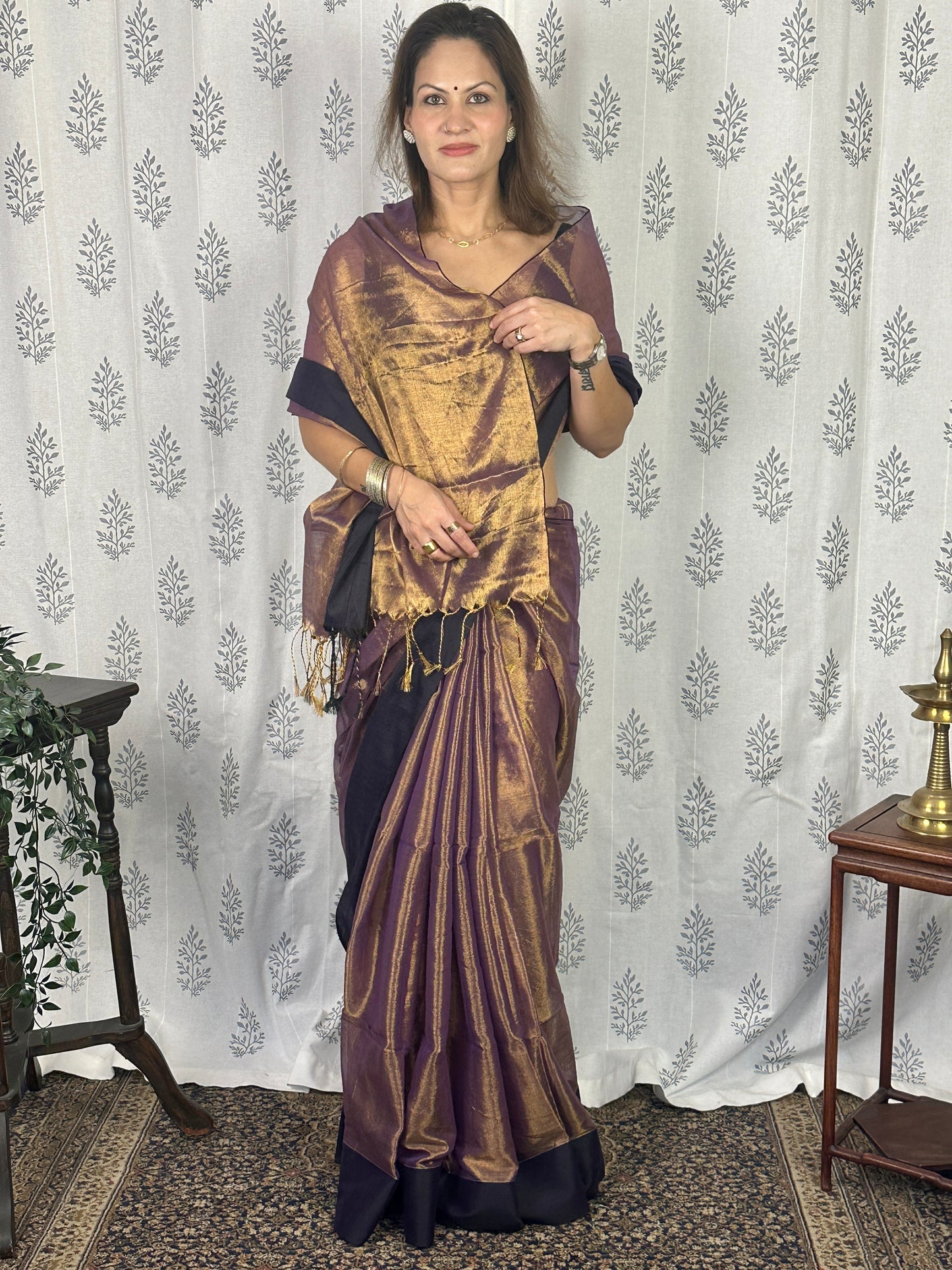 Antique Gold & Purple Blend Pure Mul Mul Handwoven Tissue Cotton Saree with Thick Black Border