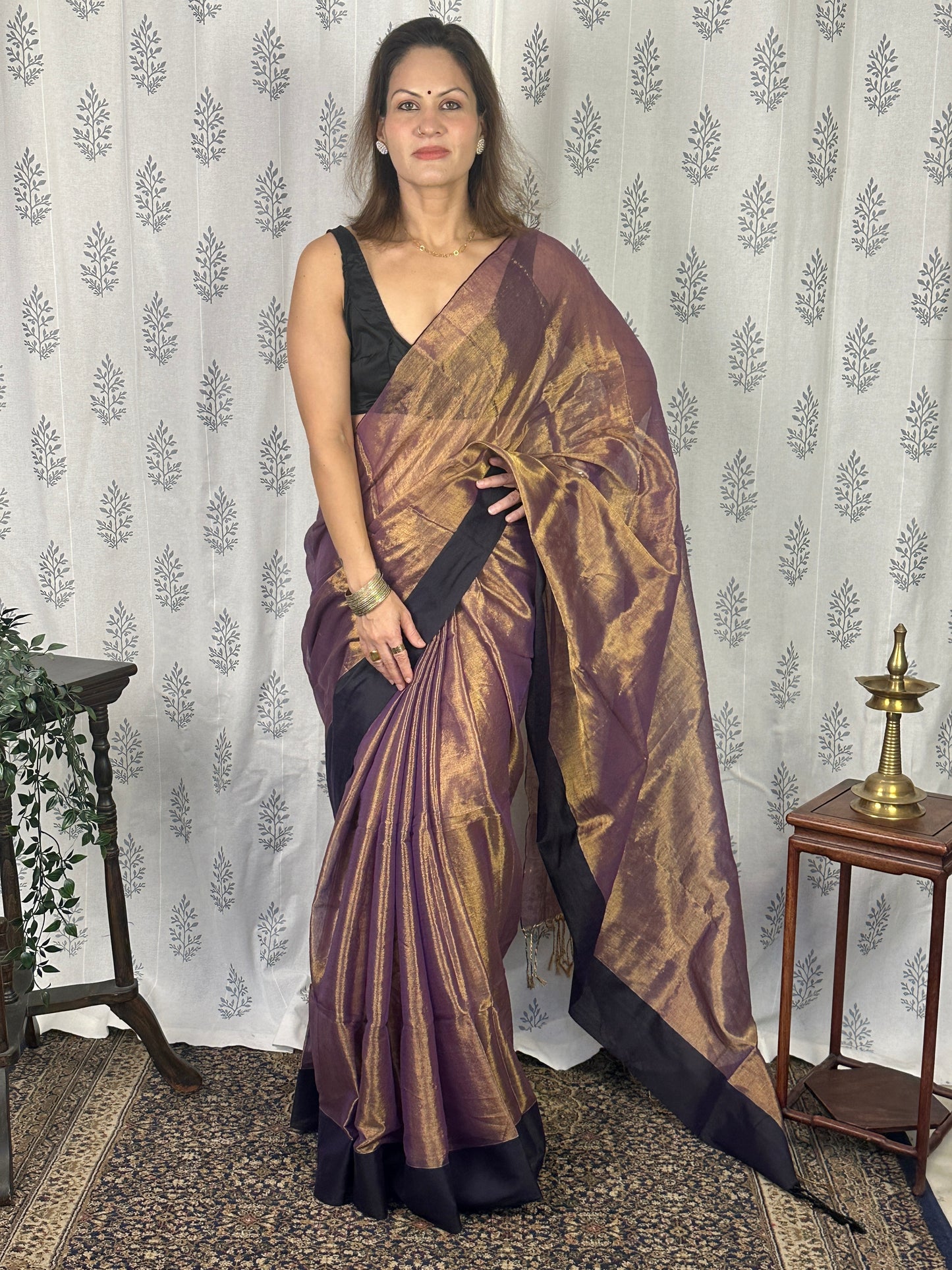 Antique Gold & Purple Blend Pure Mul Mul Handwoven Tissue Cotton Saree with Thick Black Border