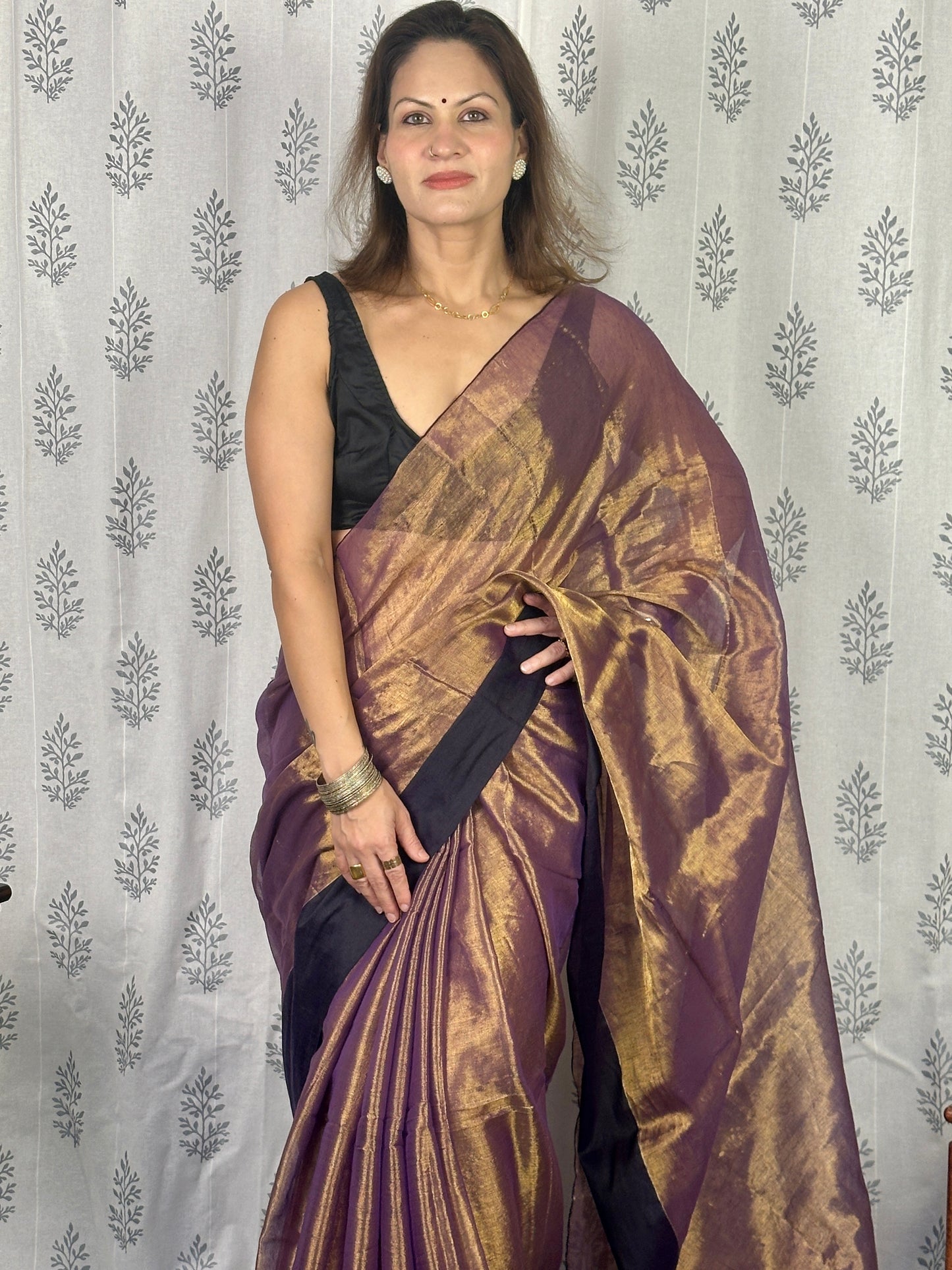 Antique Gold & Purple Blend Pure Mul Mul Handwoven Tissue Cotton Saree with Thick Black Border