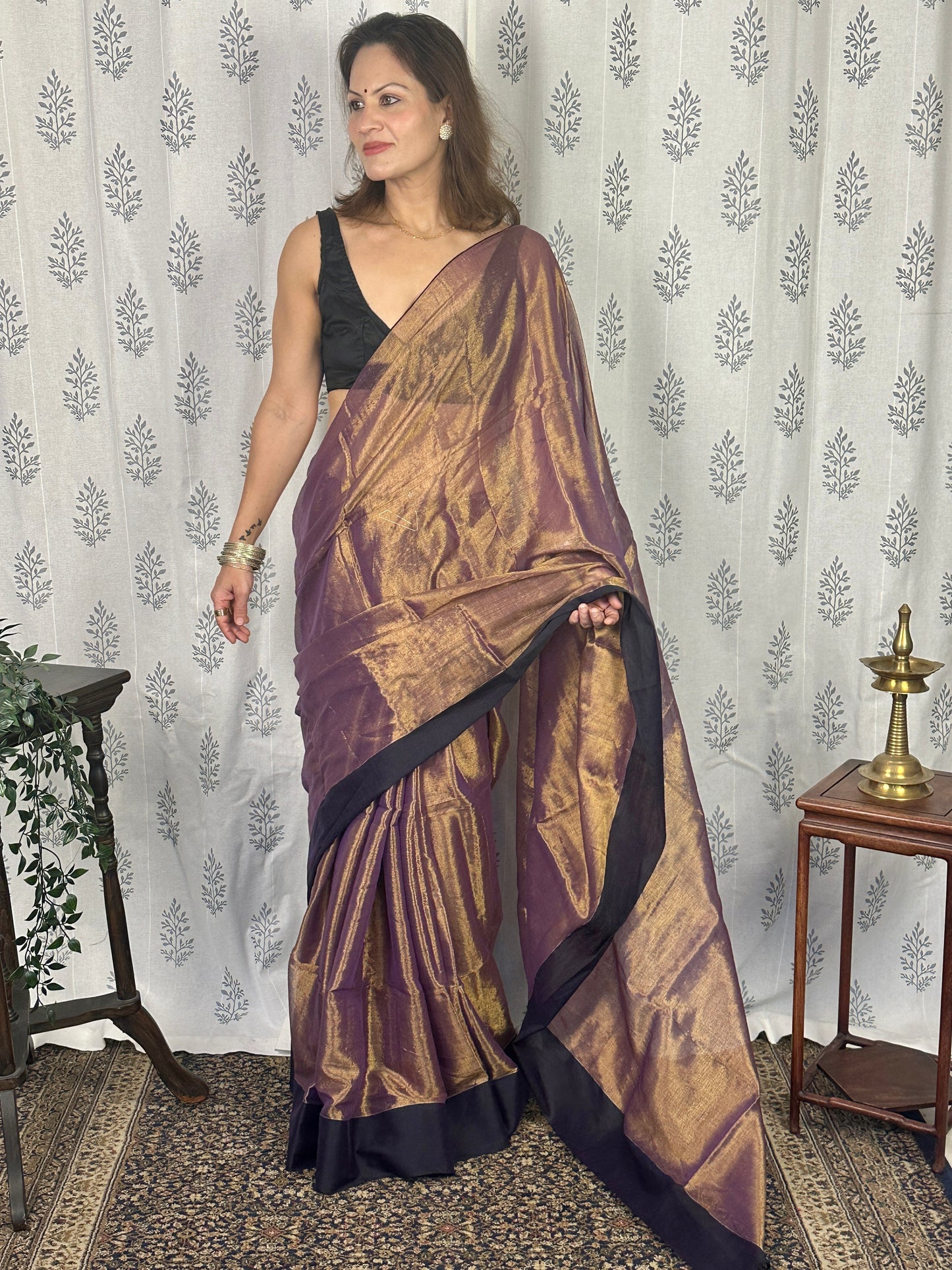 Antique Gold & Purple Blend Pure Mul Mul Handwoven Tissue Cotton Saree with Thick Black Border