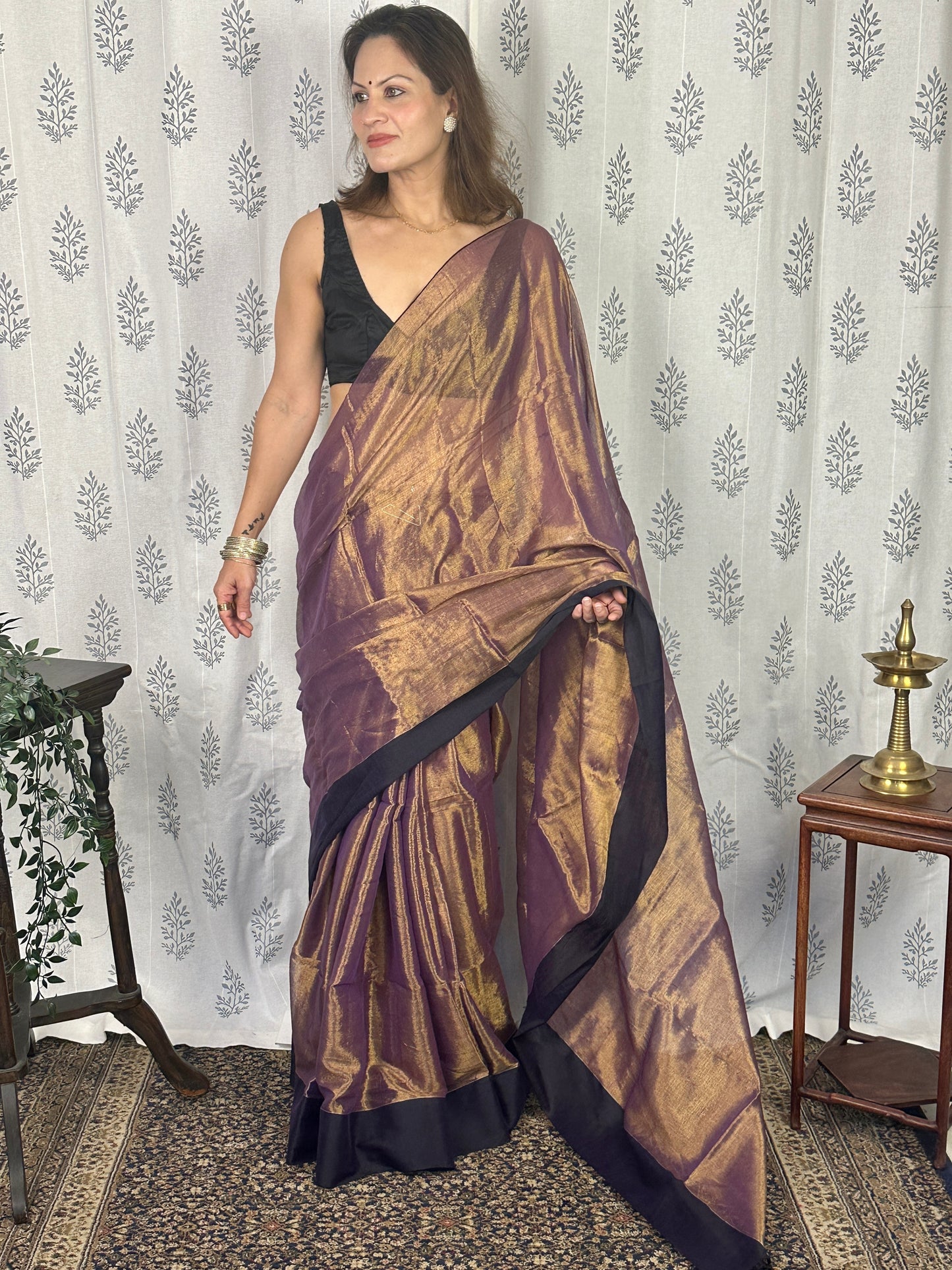 Antique Gold & Purple Blend Pure Mul Mul Handwoven Tissue Cotton Saree with Thick Black Border
