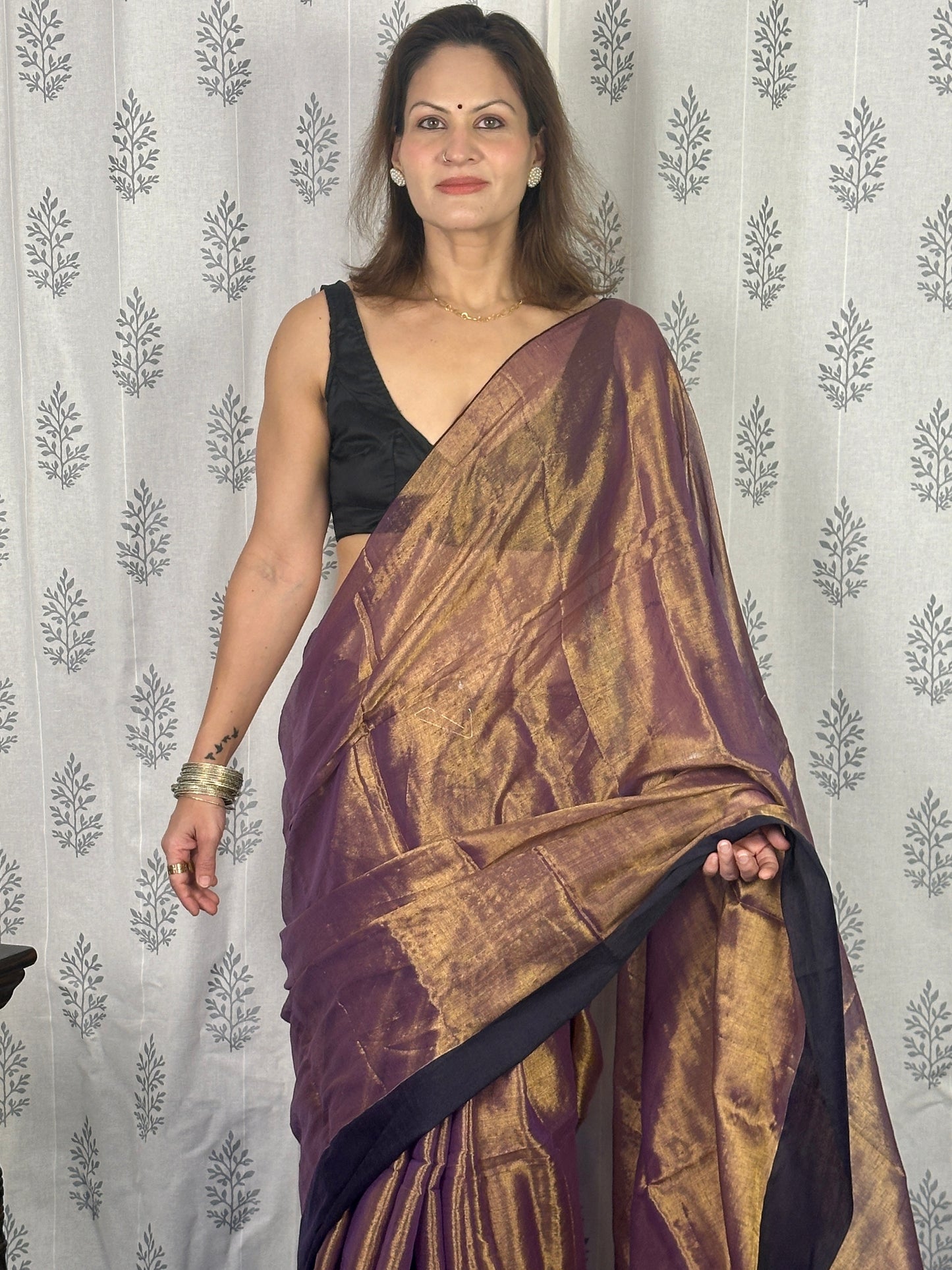 Antique Gold & Purple Blend Pure Mul Mul Handwoven Tissue Cotton Saree with Thick Black Border