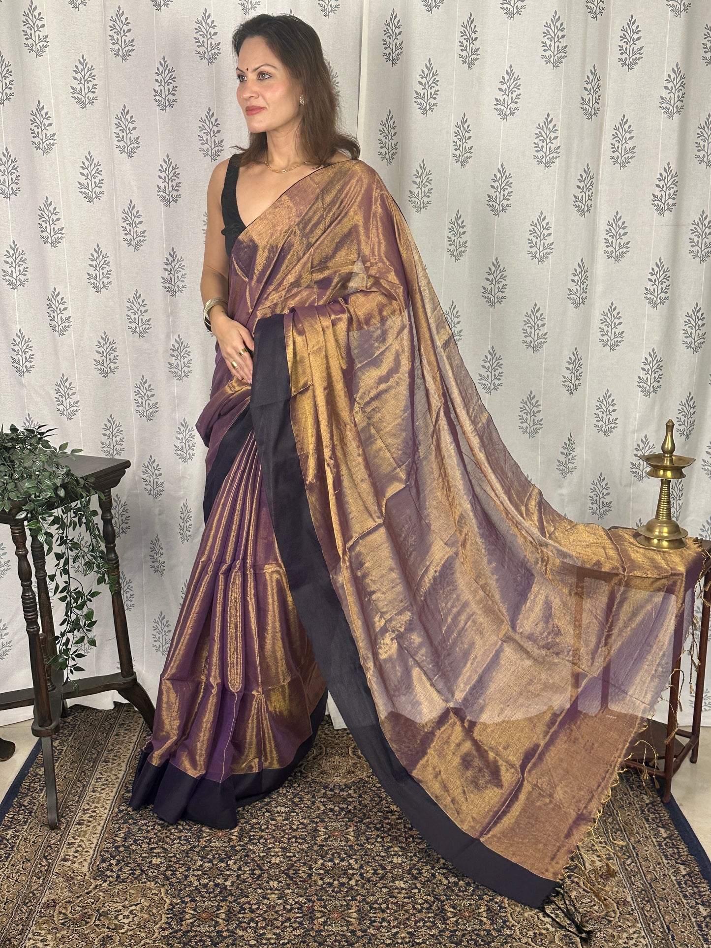 Antique Gold & Purple Blend Pure Mul Mul Handwoven Tissue Cotton Saree with Thick Black Border