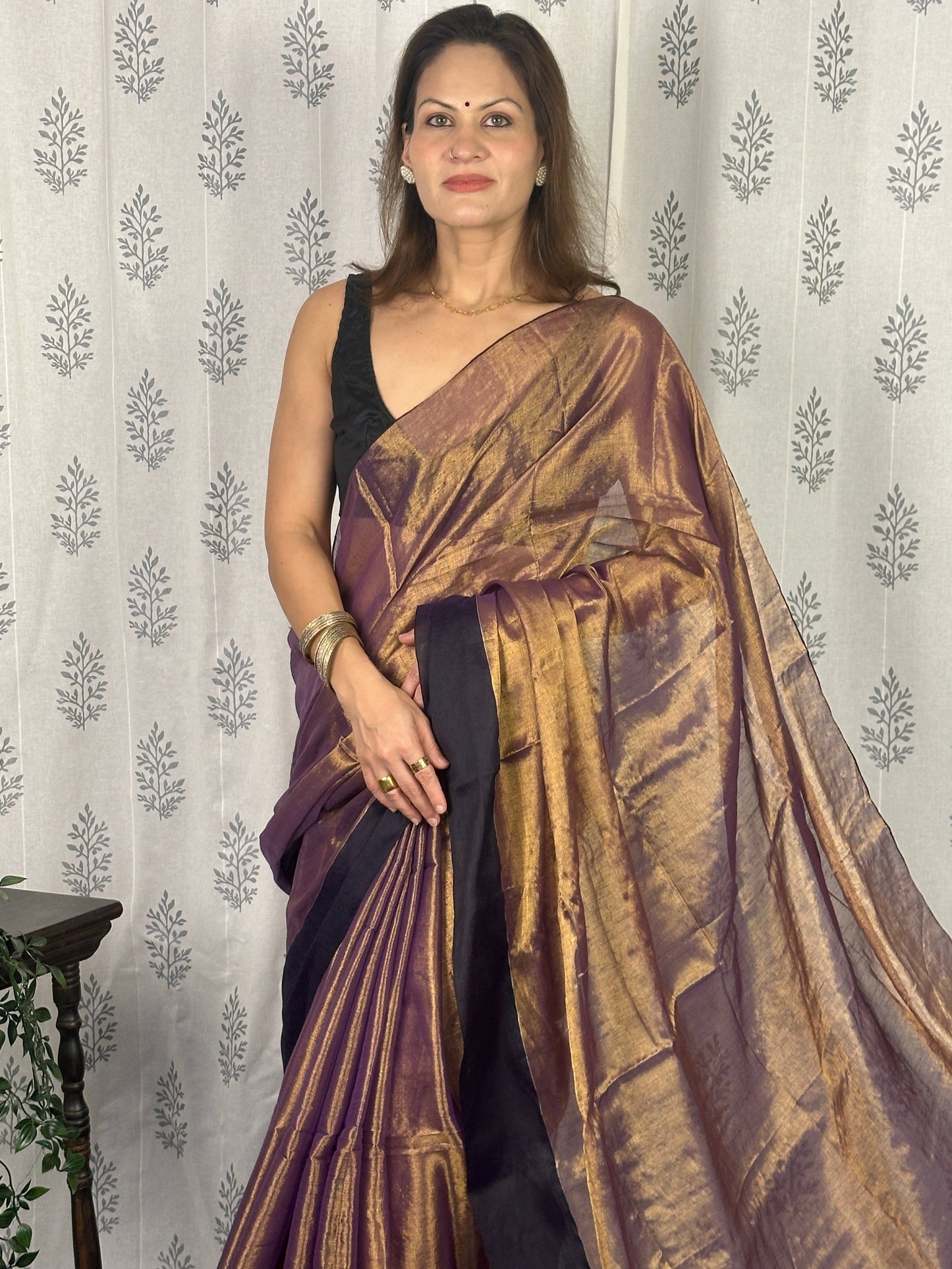 Antique Gold & Purple Blend Pure Mul Mul Handwoven Tissue Cotton Saree with Thick Black Border