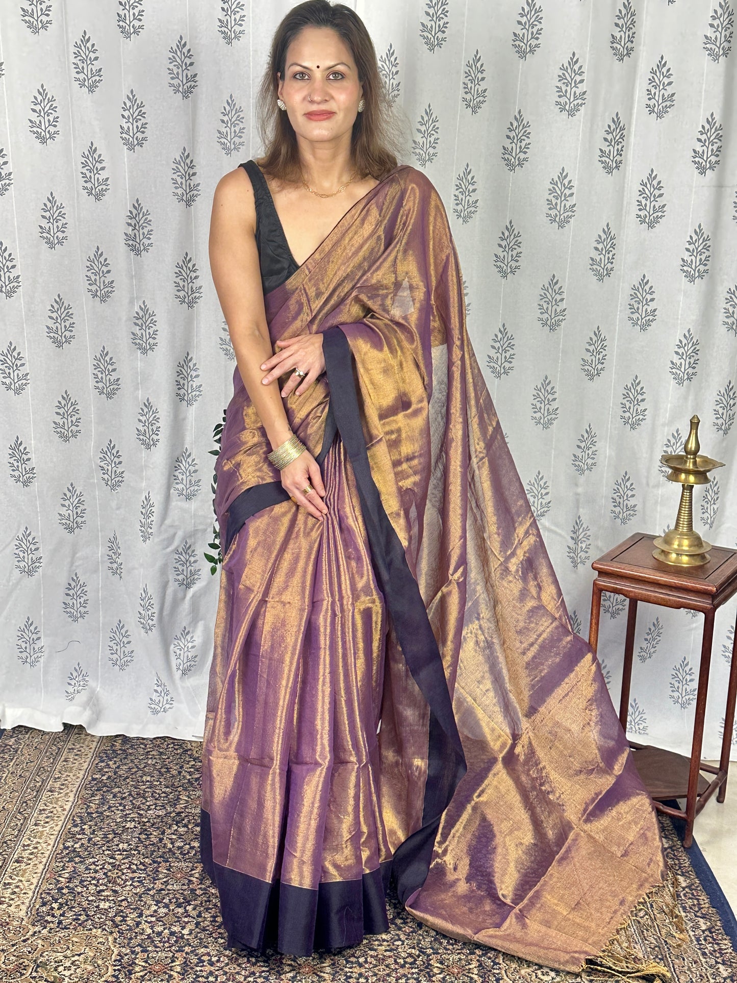 Antique Gold & Purple Blend Pure Mul Mul Handwoven Tissue Cotton Saree with Thick Black Border