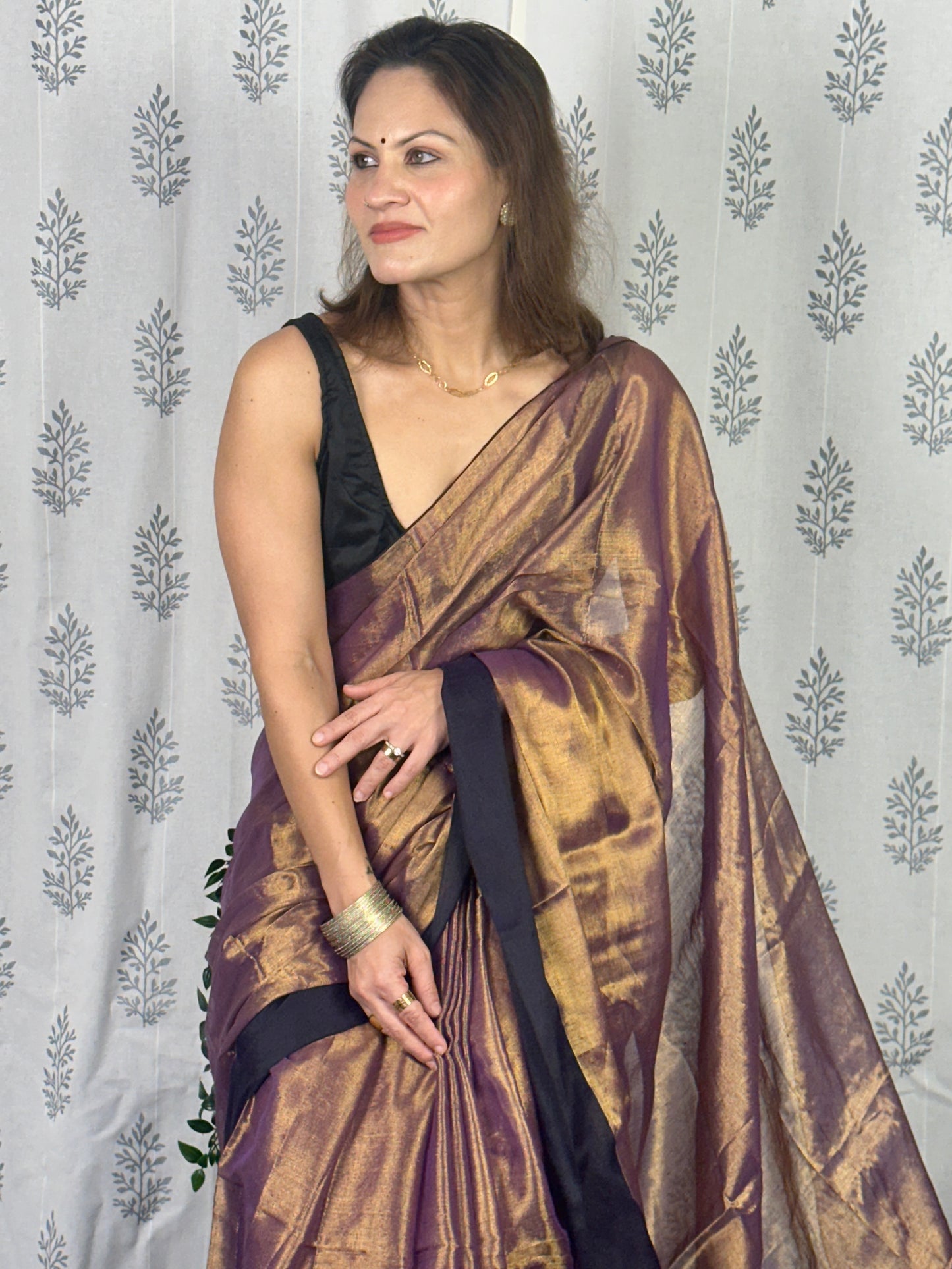 Antique Gold & Purple Blend Pure Mul Mul Handwoven Tissue Cotton Saree with Thick Black Border