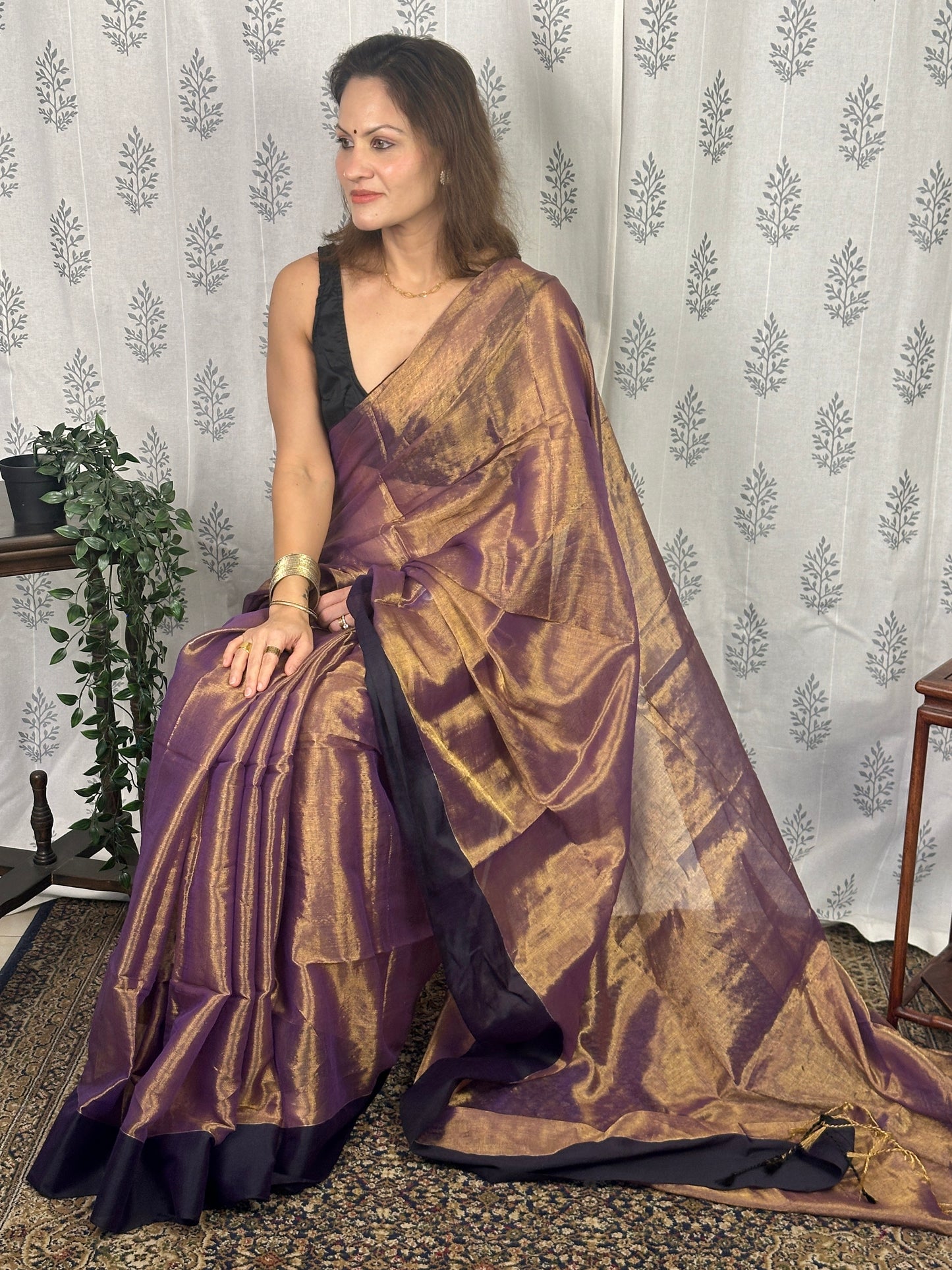 Antique Gold & Purple Blend Pure Mul Mul Handwoven Tissue Cotton Saree with Thick Black Border