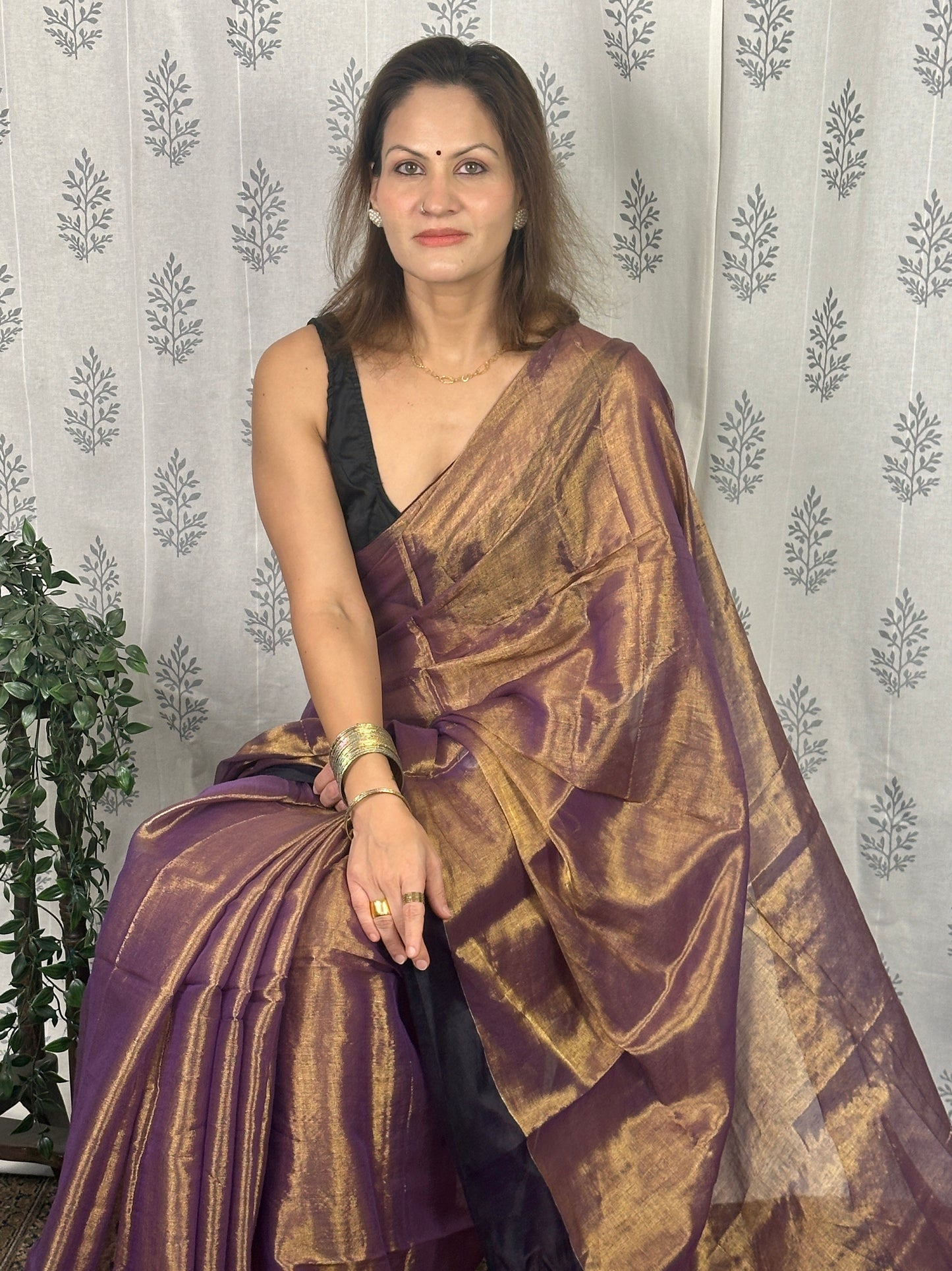 Antique Gold & Purple Blend Pure Mul Mul Handwoven Tissue Cotton Saree with Thick Black Border