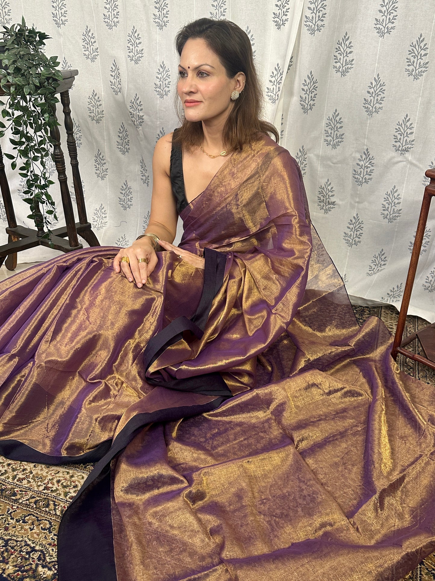 Antique Gold & Purple Blend Pure Mul Mul Handwoven Tissue Cotton Saree with Thick Black Border