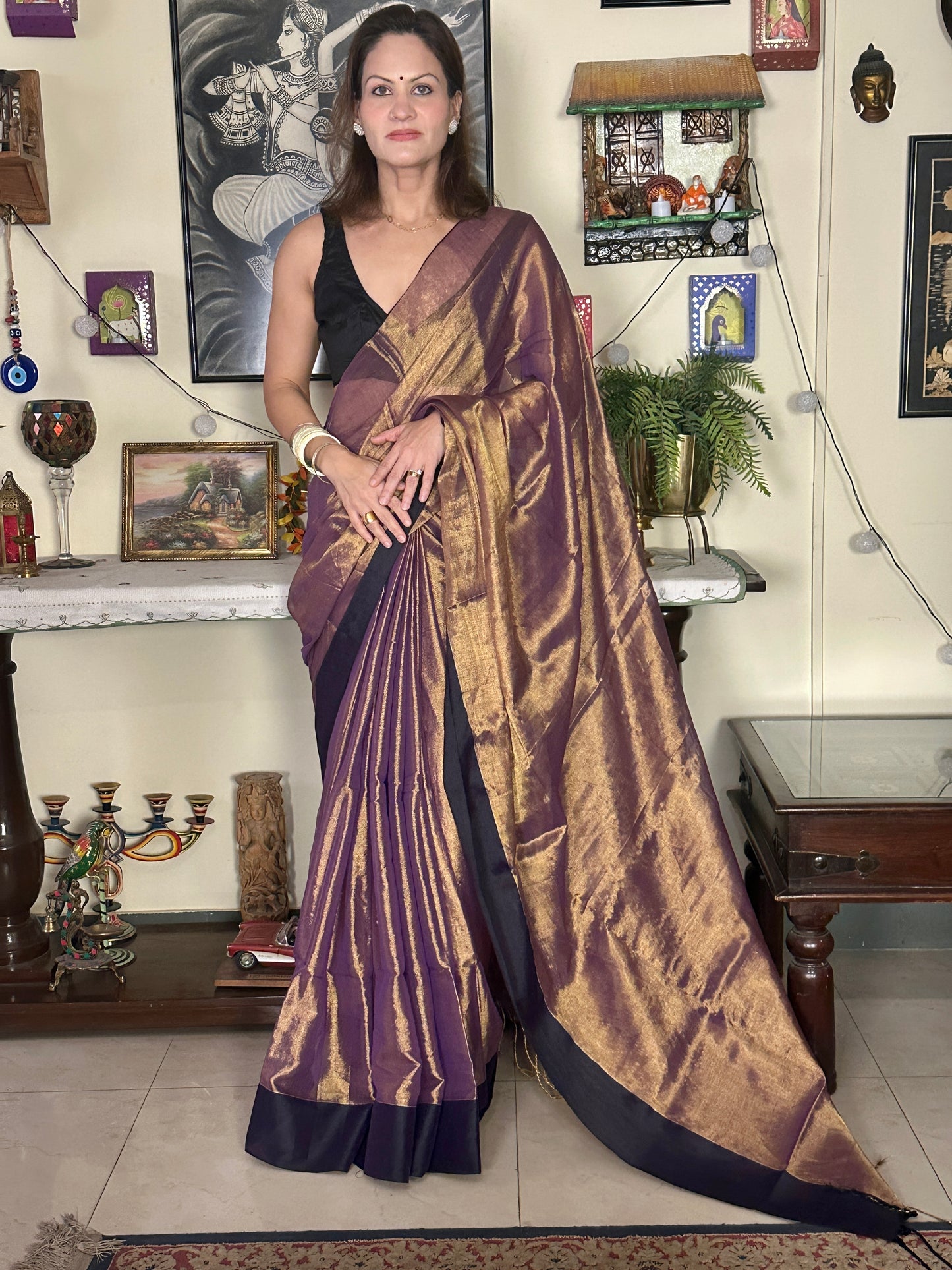 Antique Gold & Purple Blend Pure Mul Mul Handwoven Tissue Cotton Saree with Thick Black Border