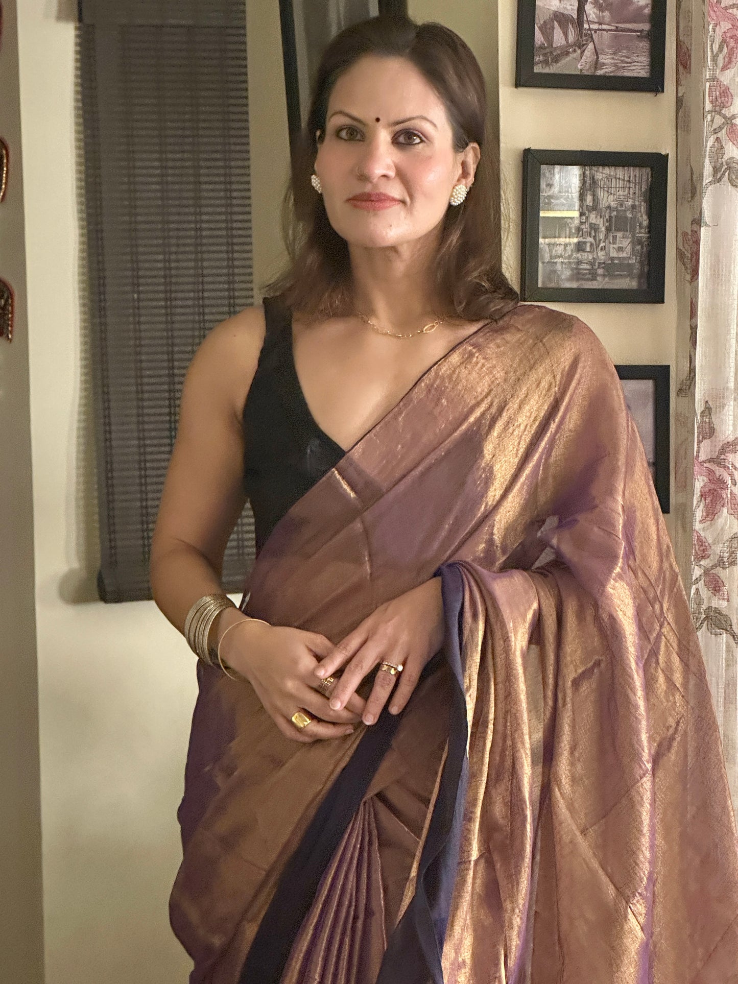Antique Gold & Purple Blend Pure Mul Mul Handwoven Tissue Cotton Saree with Thick Black Border