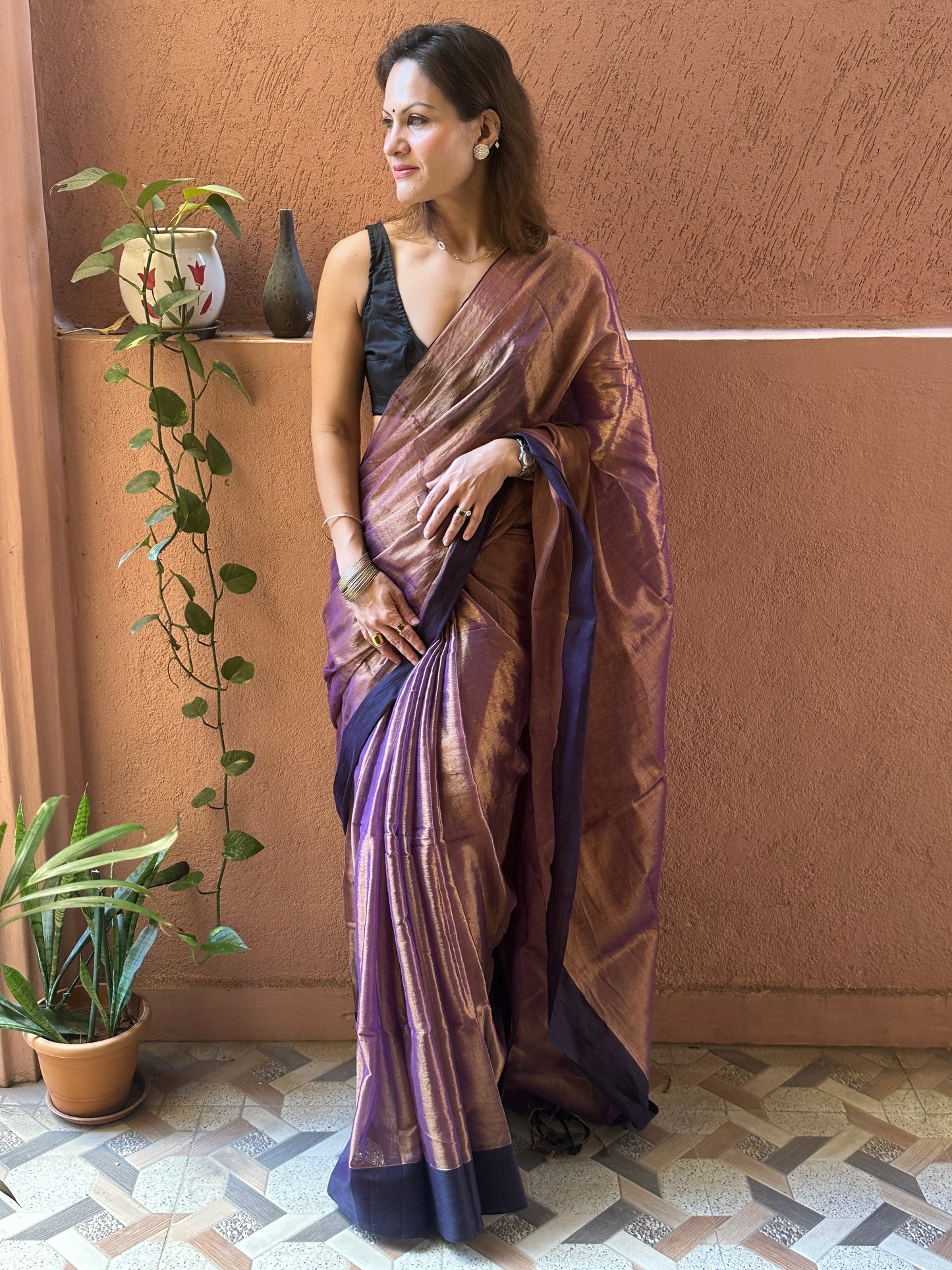 Antique Gold & Purple Blend Pure Mul Mul Handwoven Tissue Cotton Saree with Thick Black Border