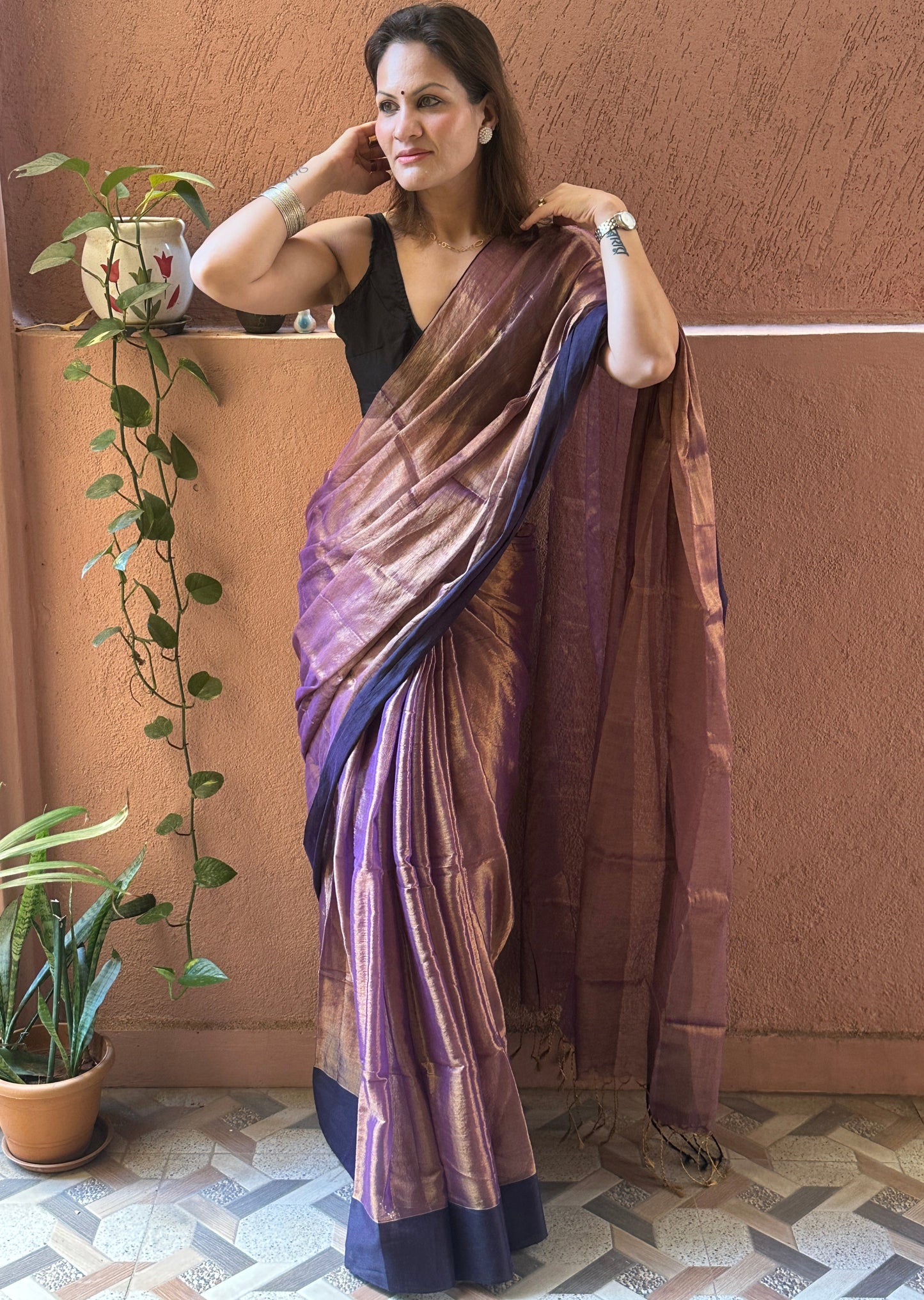 Antique Gold & Purple Blend Pure Mul Mul Handwoven Tissue Cotton Saree with Thick Black Border