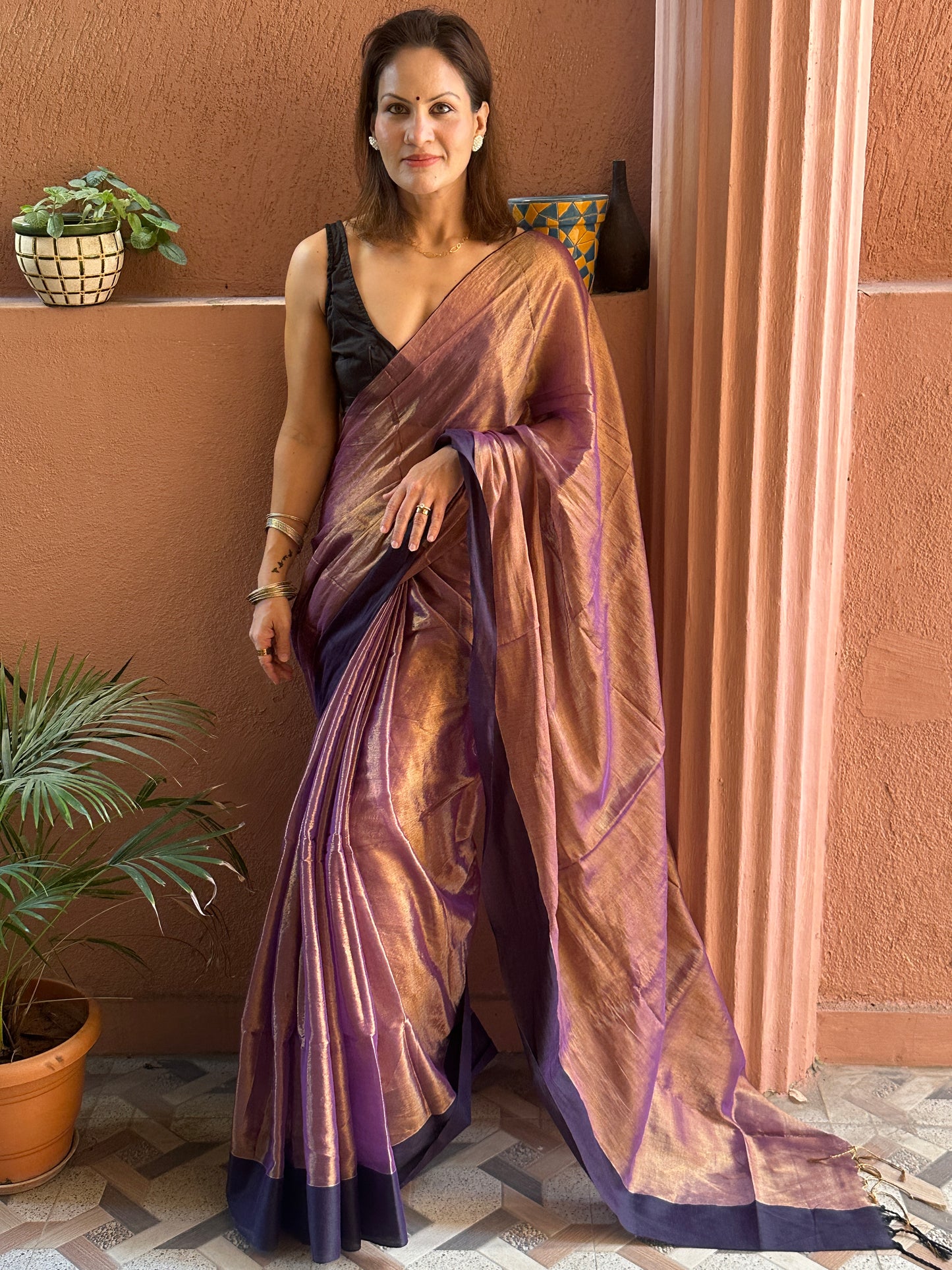 Antique Gold & Purple Blend Pure Mul Mul Handwoven Tissue Cotton Saree with Thick Black Border