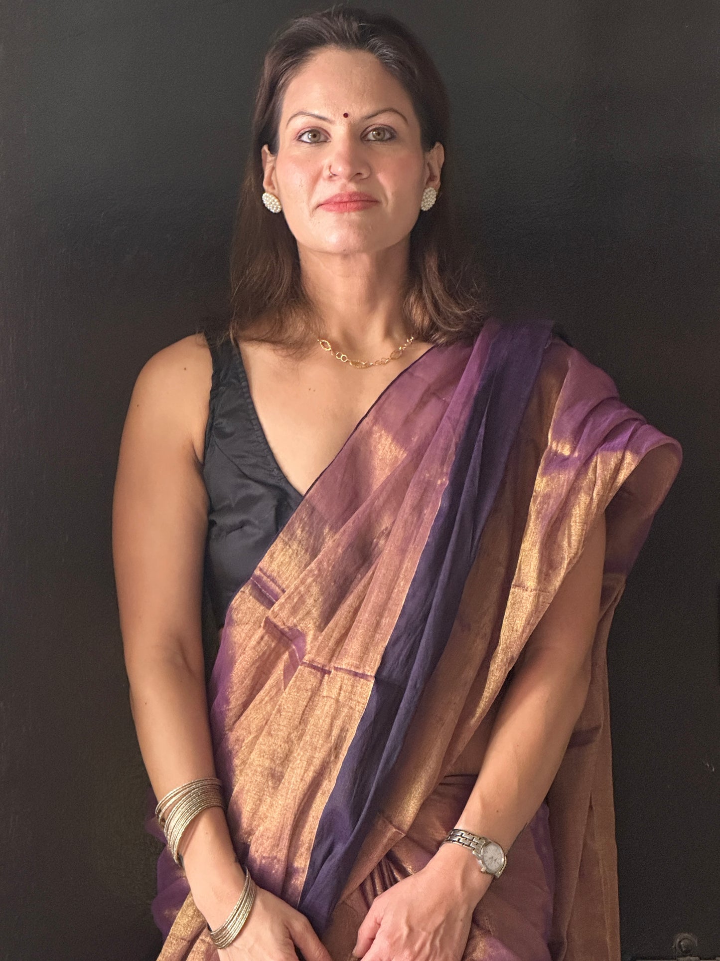 Antique Gold & Purple Blend Pure Mul Mul Handwoven Tissue Cotton Saree with Thick Black Border